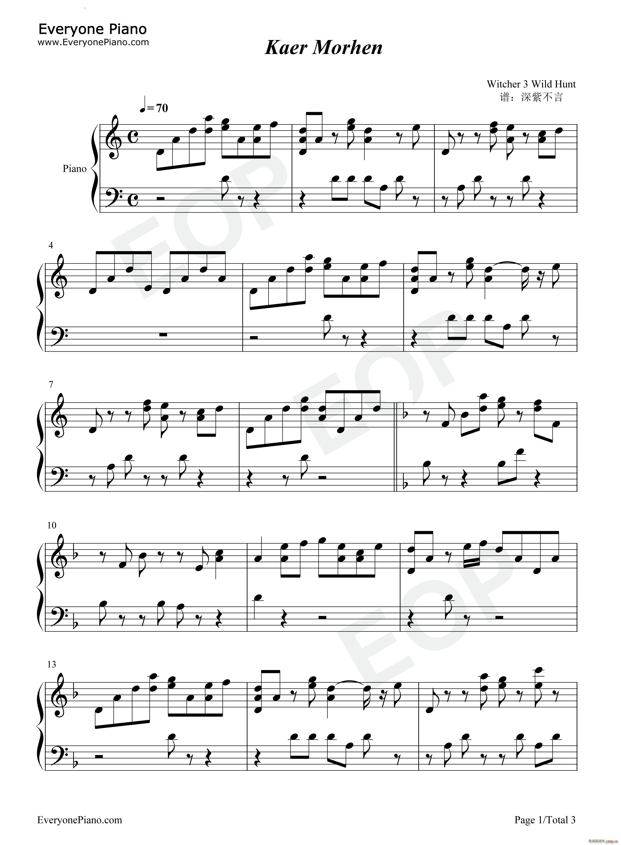 Kaer Morhen巫师3狂猎BGM(钢琴谱)1