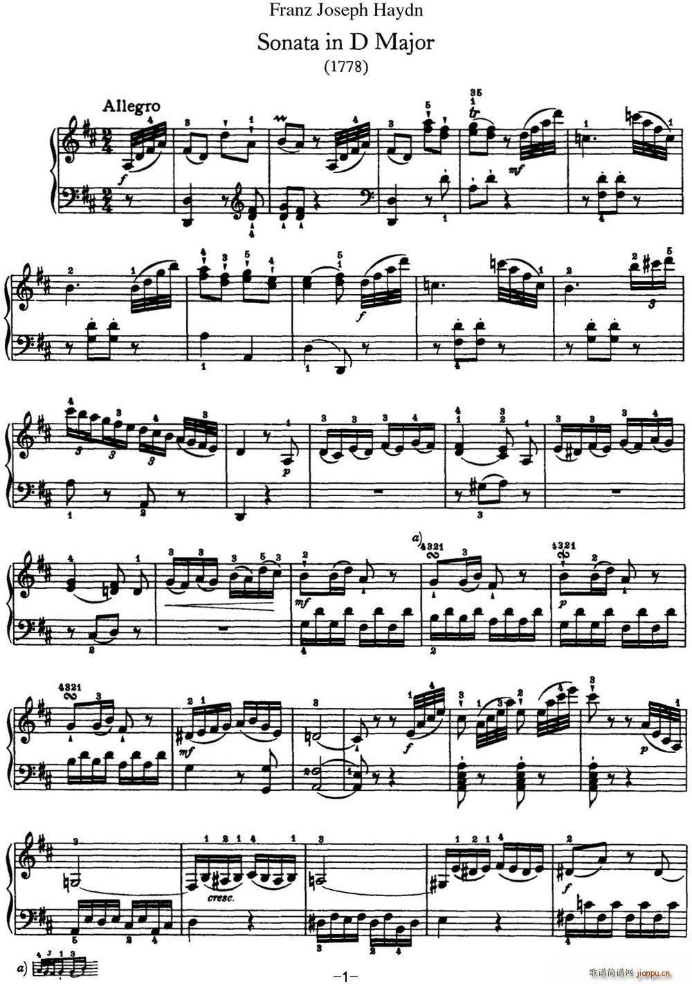 海顿 钢琴奏鸣曲 Hob XVI 33 in D major(钢琴谱)1