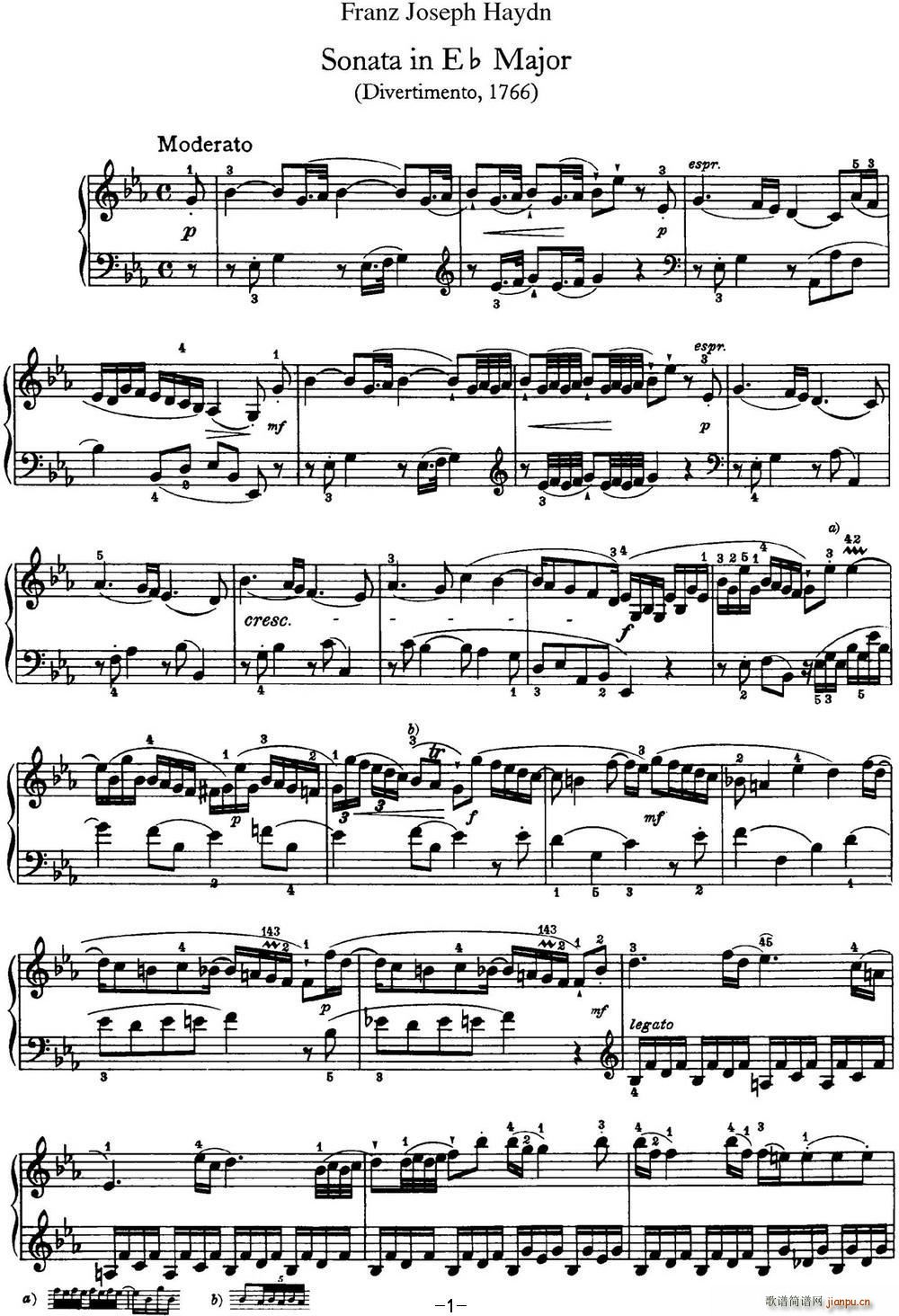 海顿 钢琴奏鸣曲 Hob XVI 45 Divertimento Eb major(钢琴谱)1