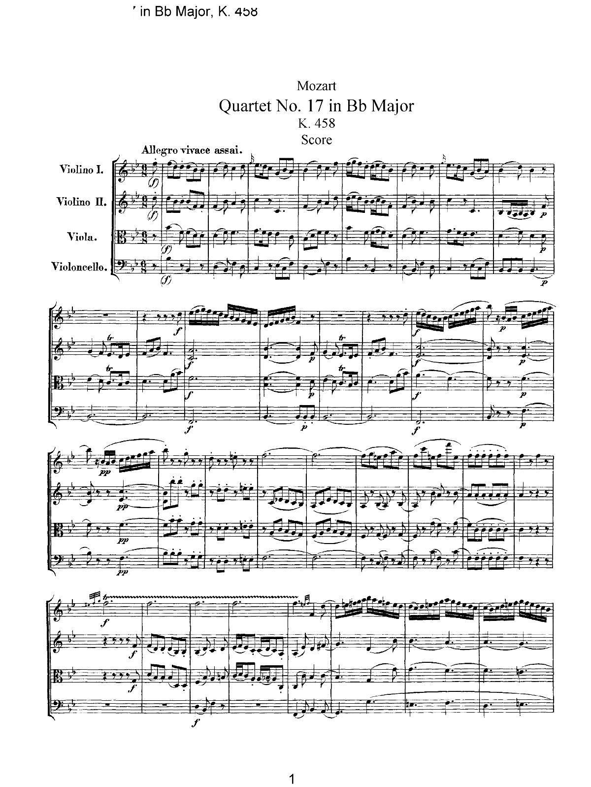 Mozart Quartet No 17 in Bb Major K 458(总谱)1