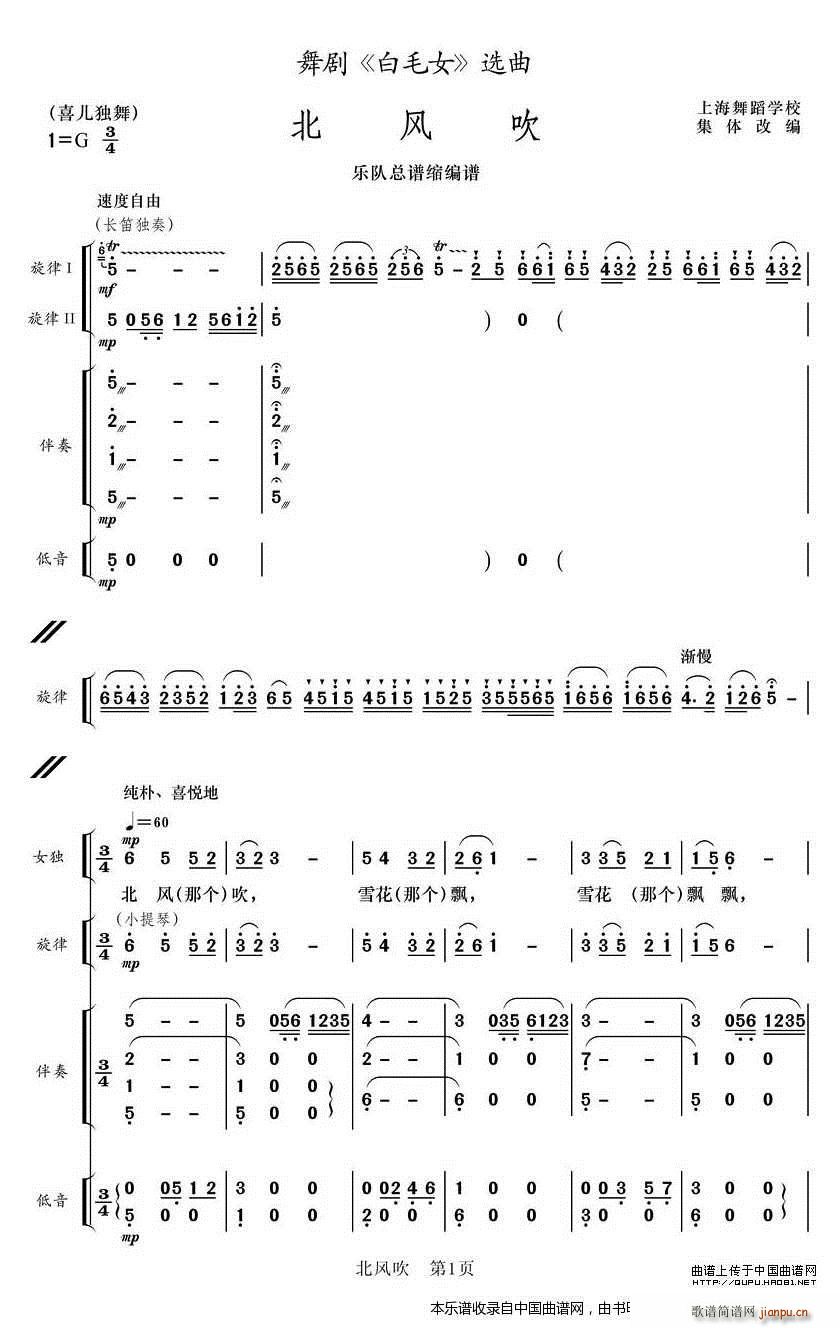 北风吹 乐队 缩编版 乐器谱(总谱)1