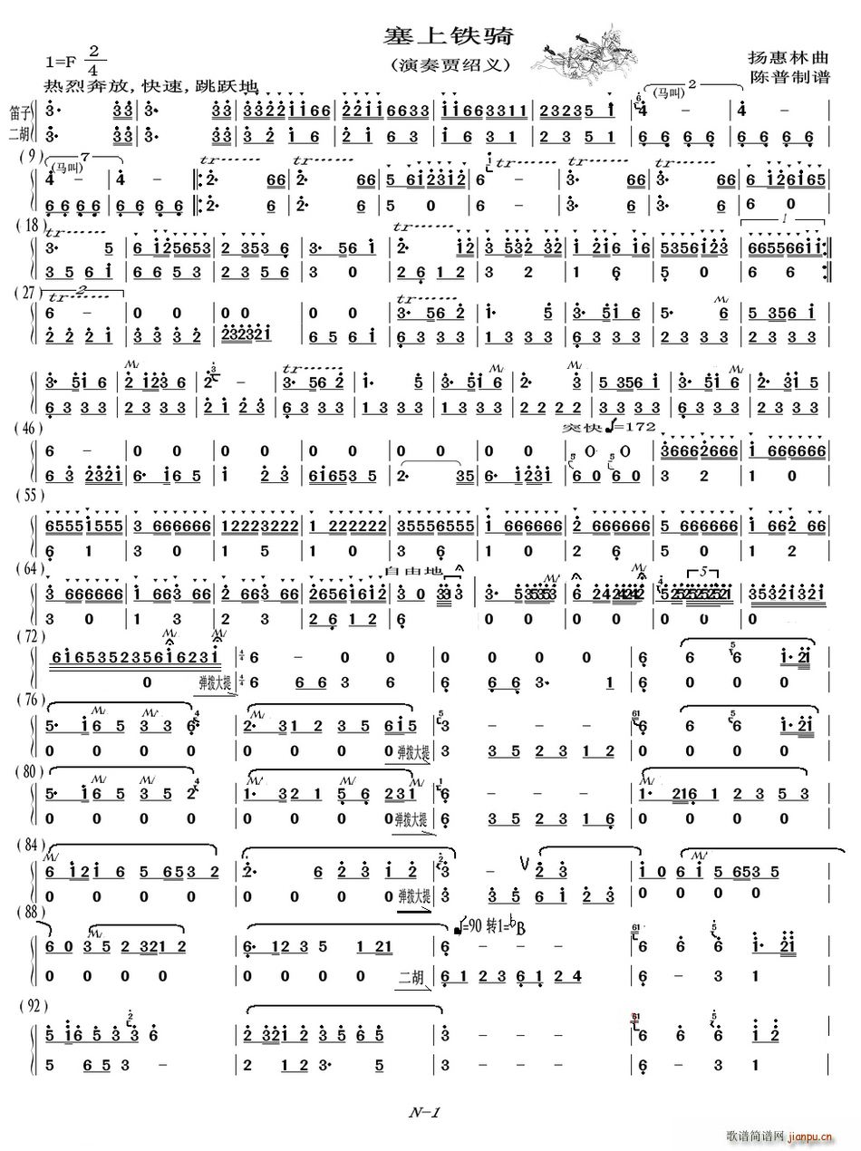 塞上铁骑 二胡与笛子主旋合成谱(笛箫谱)1
