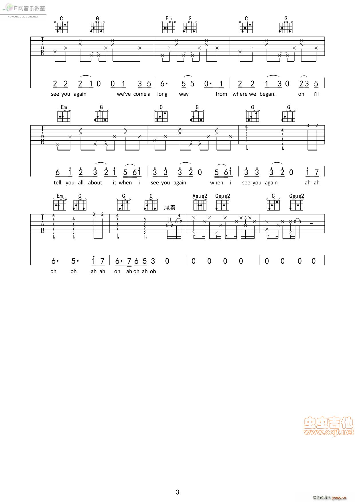 see you again Wiz Khalifa Charlie Puth 速度与激情7(吉他谱)3