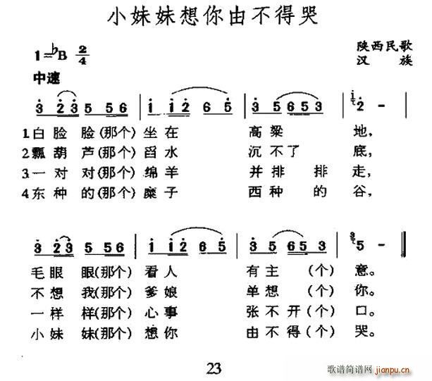 小妹妹想你由不得哭 陕西民歌(十字及以上)1