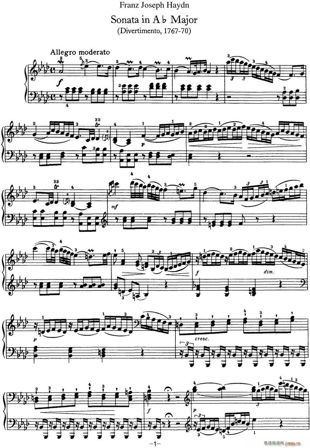 海顿 钢琴奏鸣曲 Hob XVI 46 Divertimento Ab major(钢琴谱)1