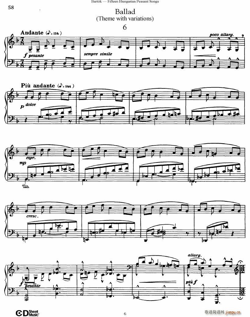 Bartok SZ 71 Fifteen Hungarian Peasant Songs Piano(钢琴谱)6