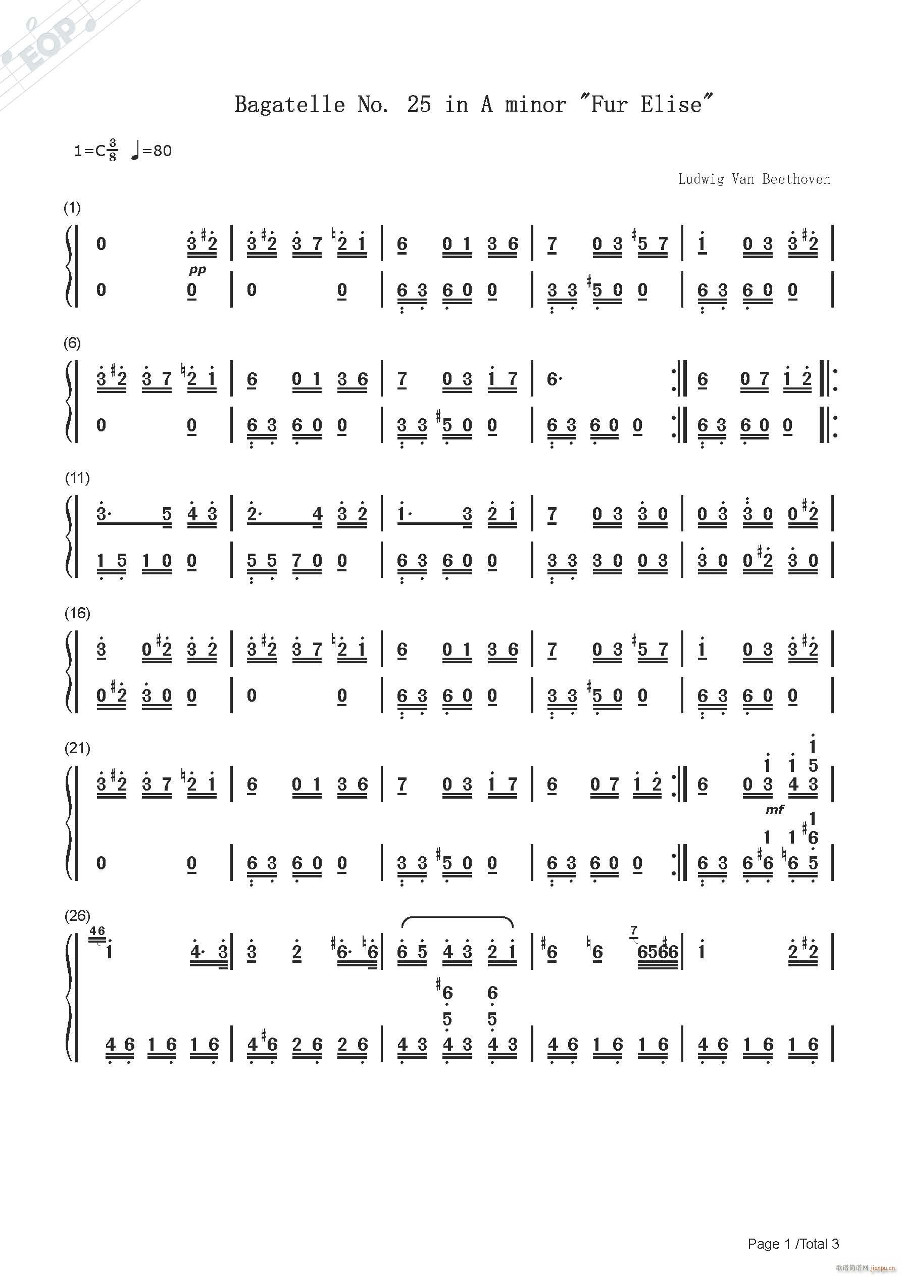 贝多芬 致爱丽丝 钢琴(钢琴谱)1