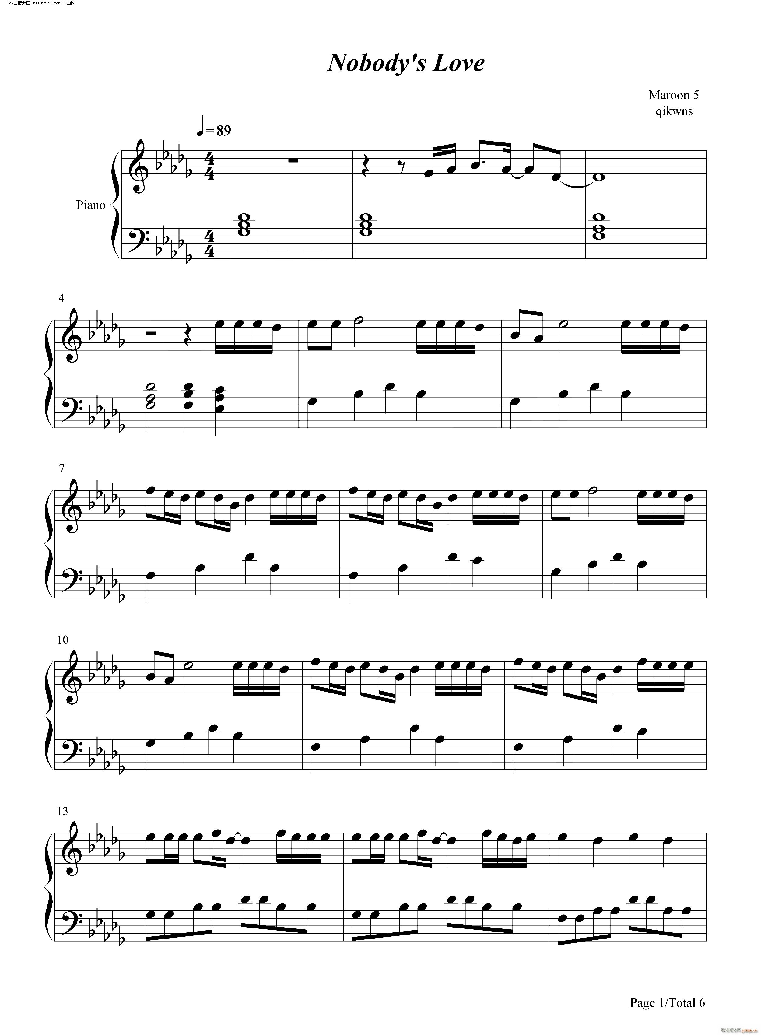 Nobodys Love(钢琴谱)1