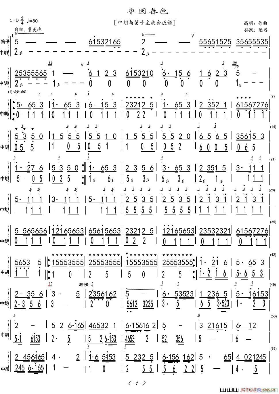枣园春色 中胡与笛子主旋合成谱 1(笛箫谱)1