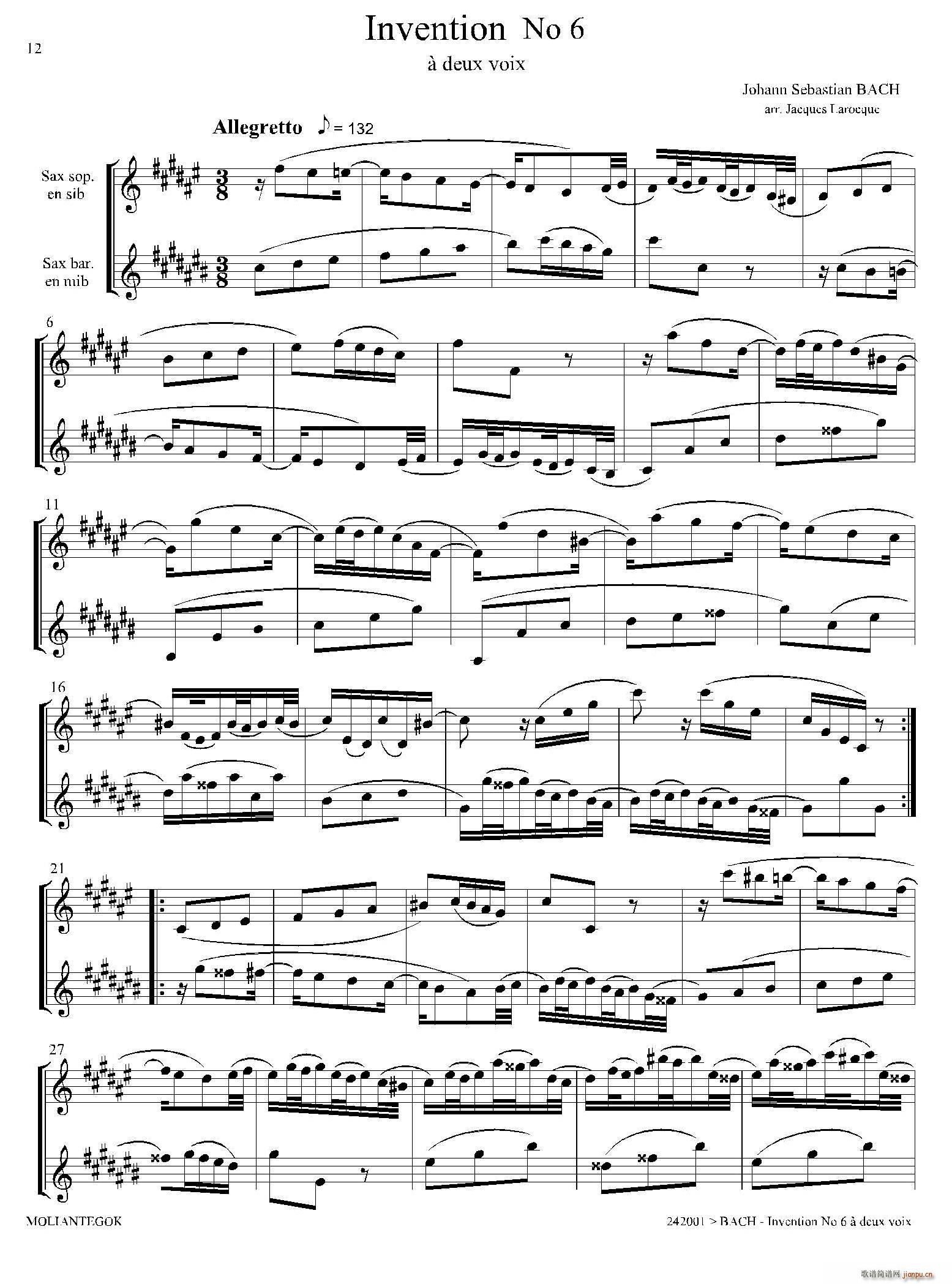 Inventions 巴赫15首创意曲 二重奏 6(总谱)1