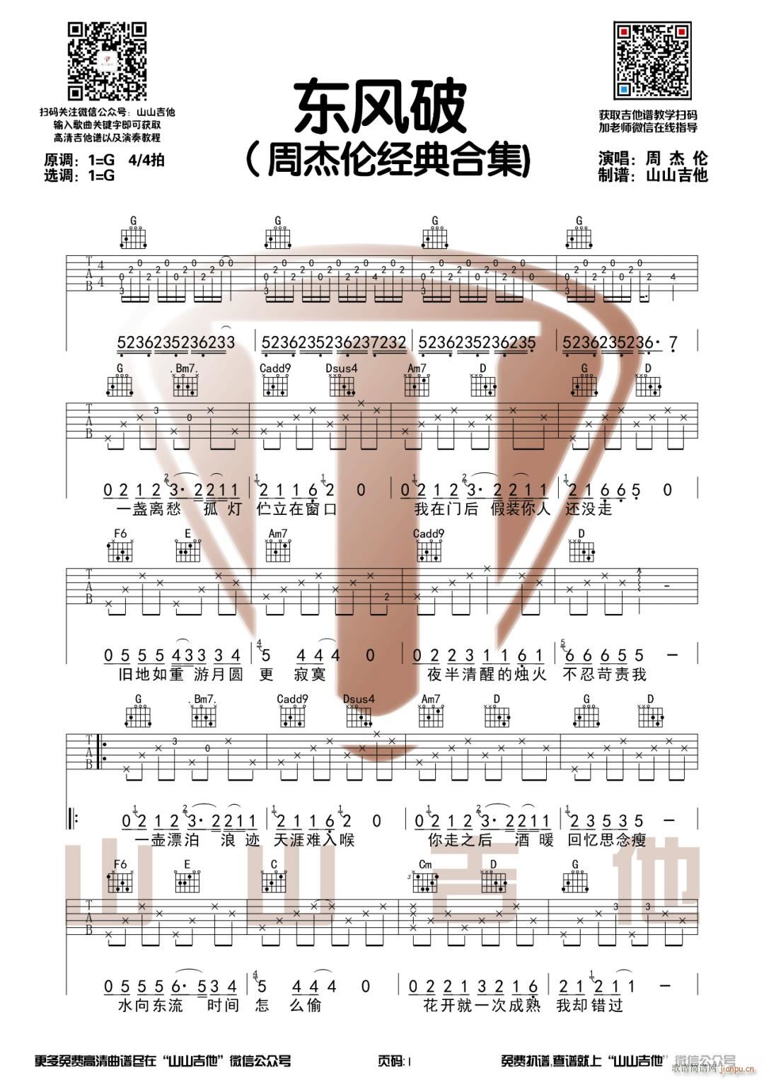 东风破 G调原版指法编配(吉他谱)1