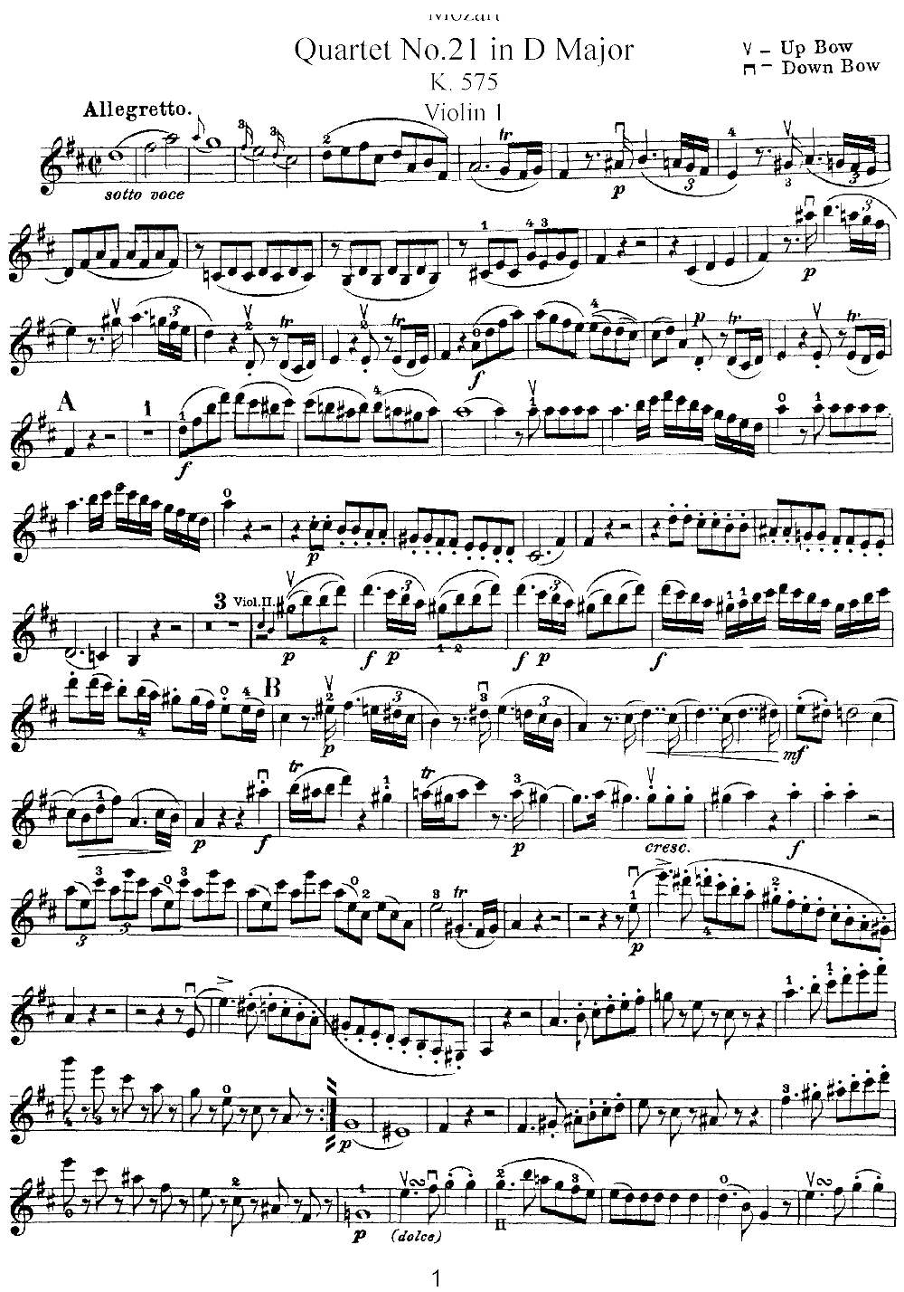 Mozart Quartet No 21 in D Major K 575 Violin 1(十字及以上)1