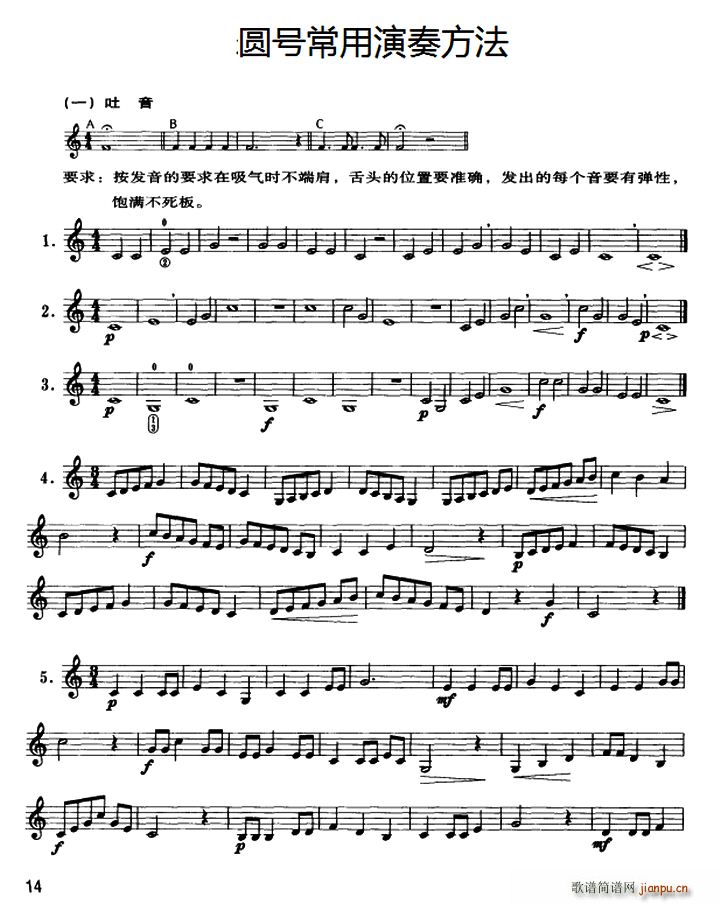 圆号常用演奏方法 一 吐音(十字及以上)1