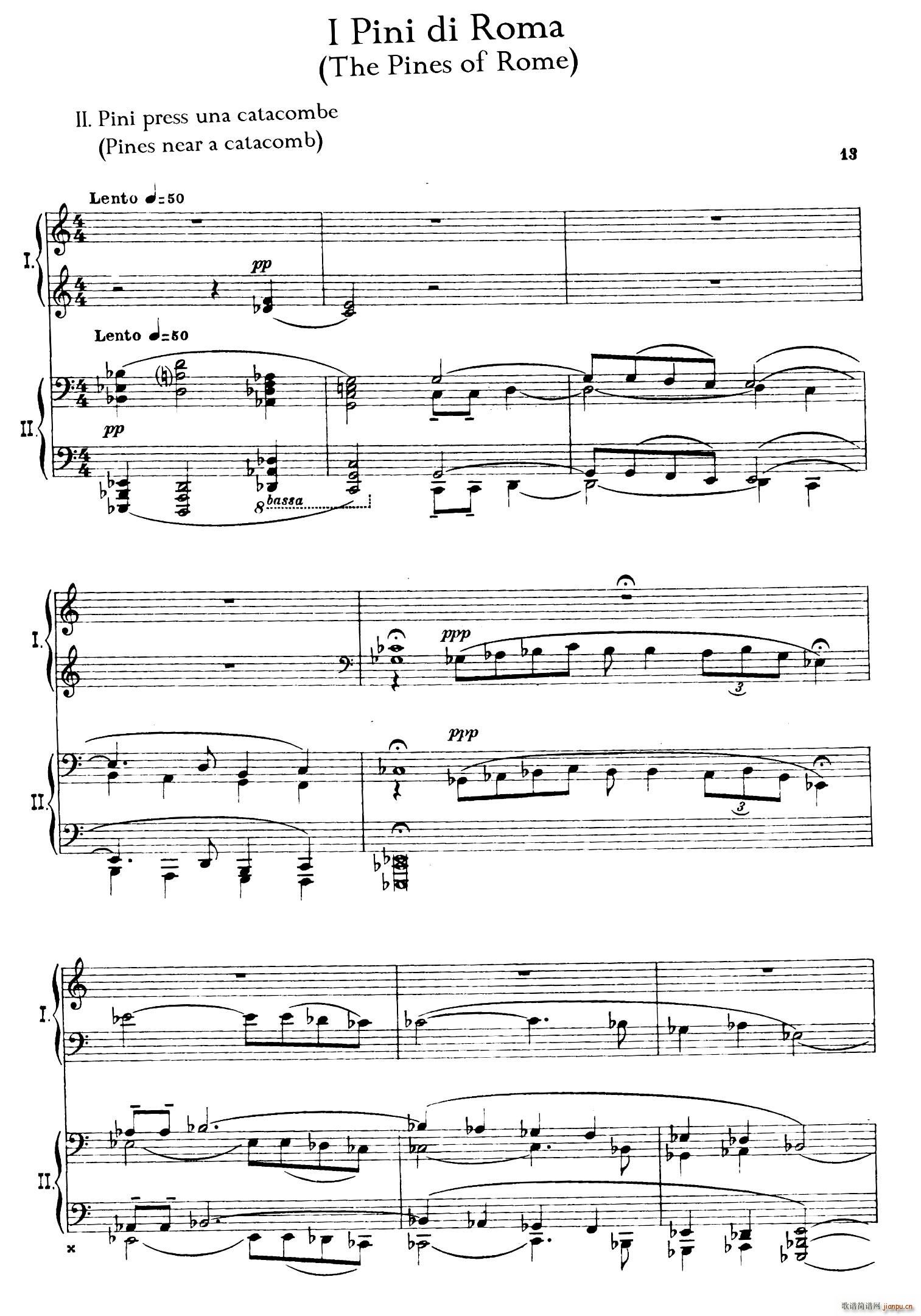 The Pines of Rome 交响诗 罗马的松树 双钢琴 第二部分 卡塔科巴墓地的松树(钢琴谱)1