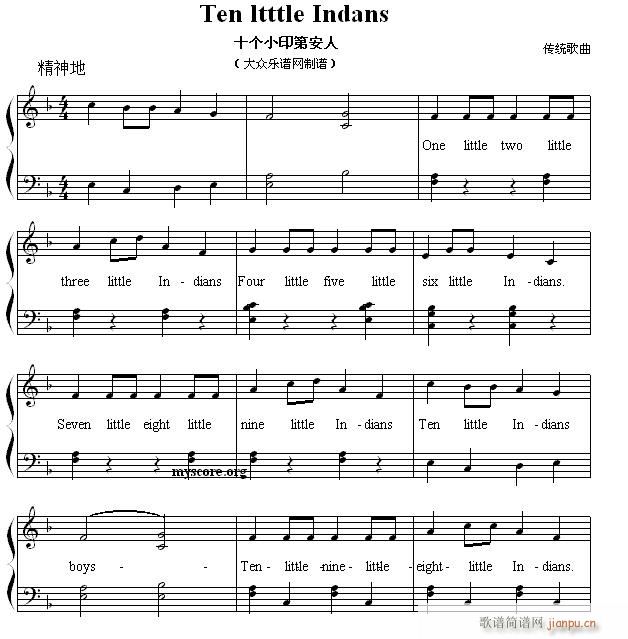 英文儿歌弹唱 Ten little Indans 十个小印第安人(钢琴谱)1