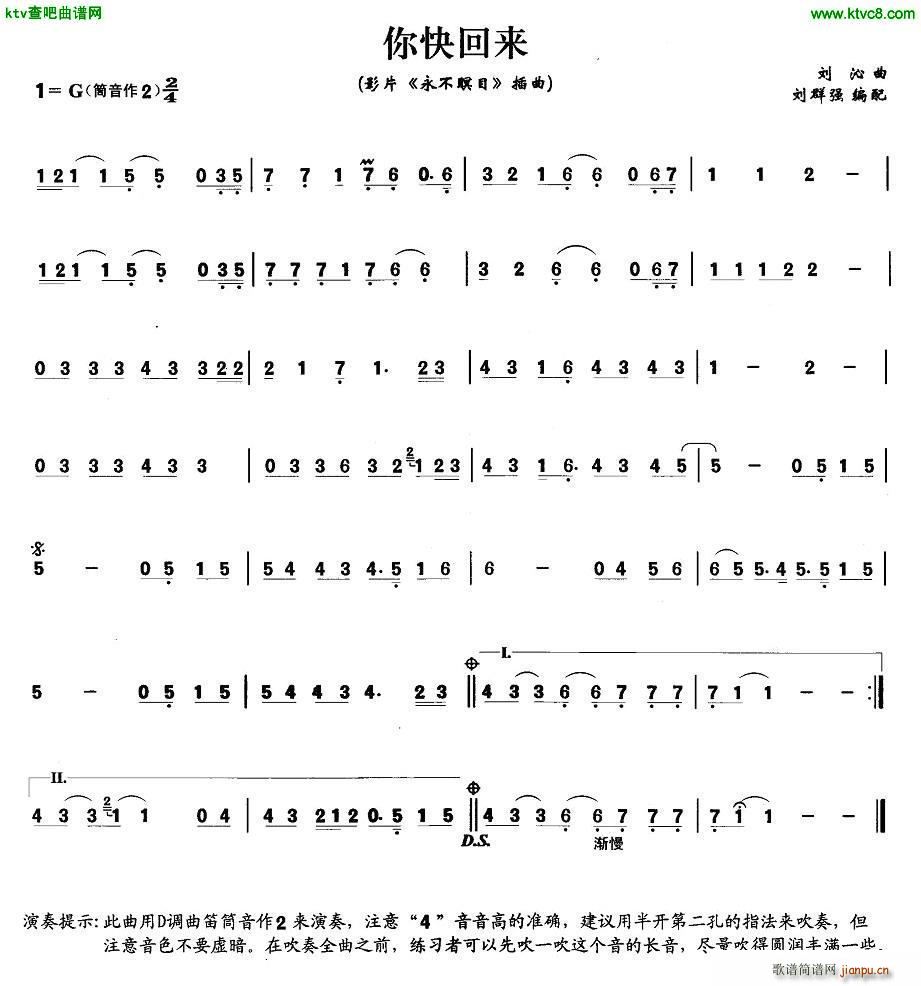 你快回来 永不瞑目 插曲(笛箫谱)1