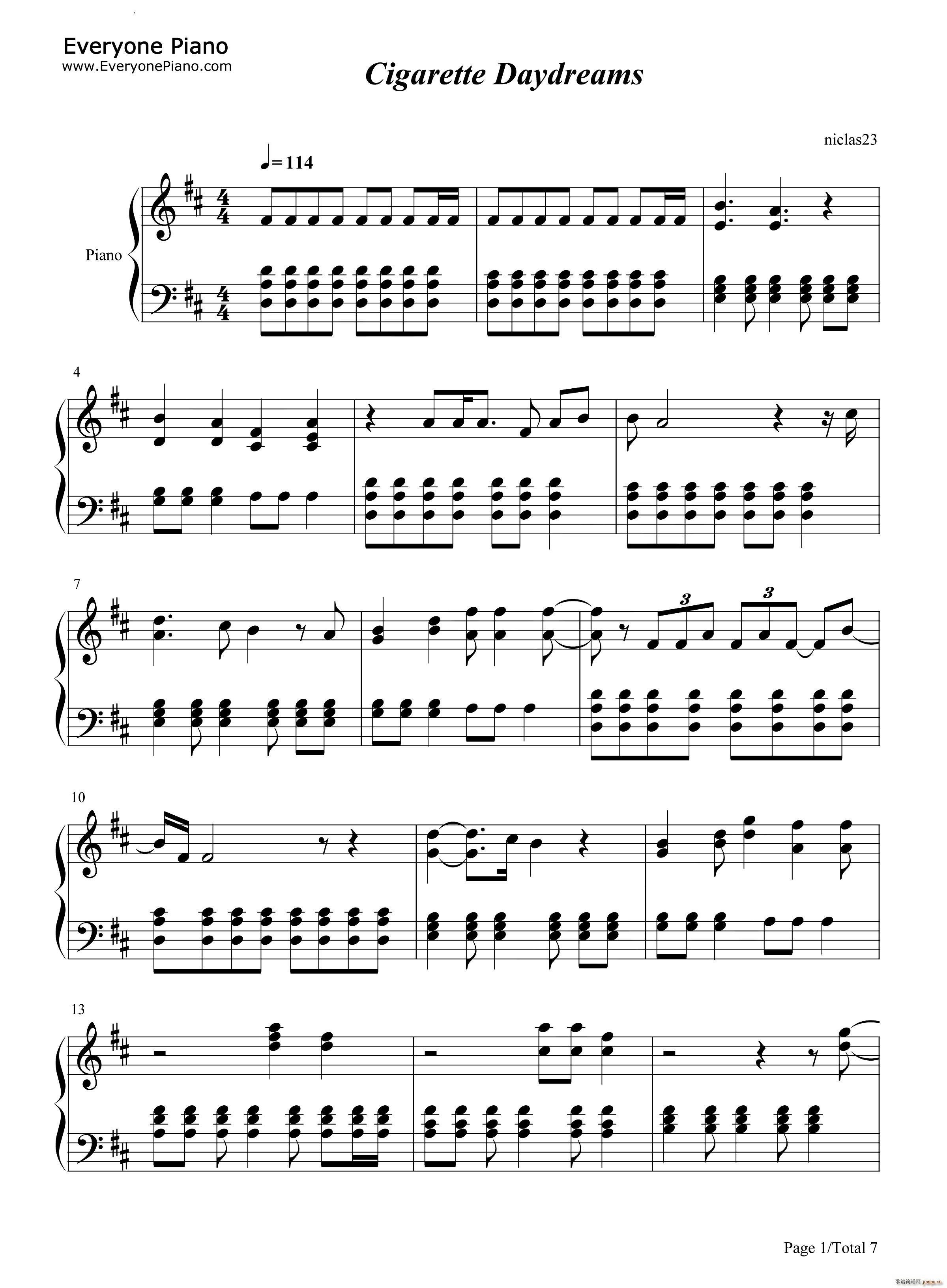 Cigarette Daydreams(钢琴谱)1