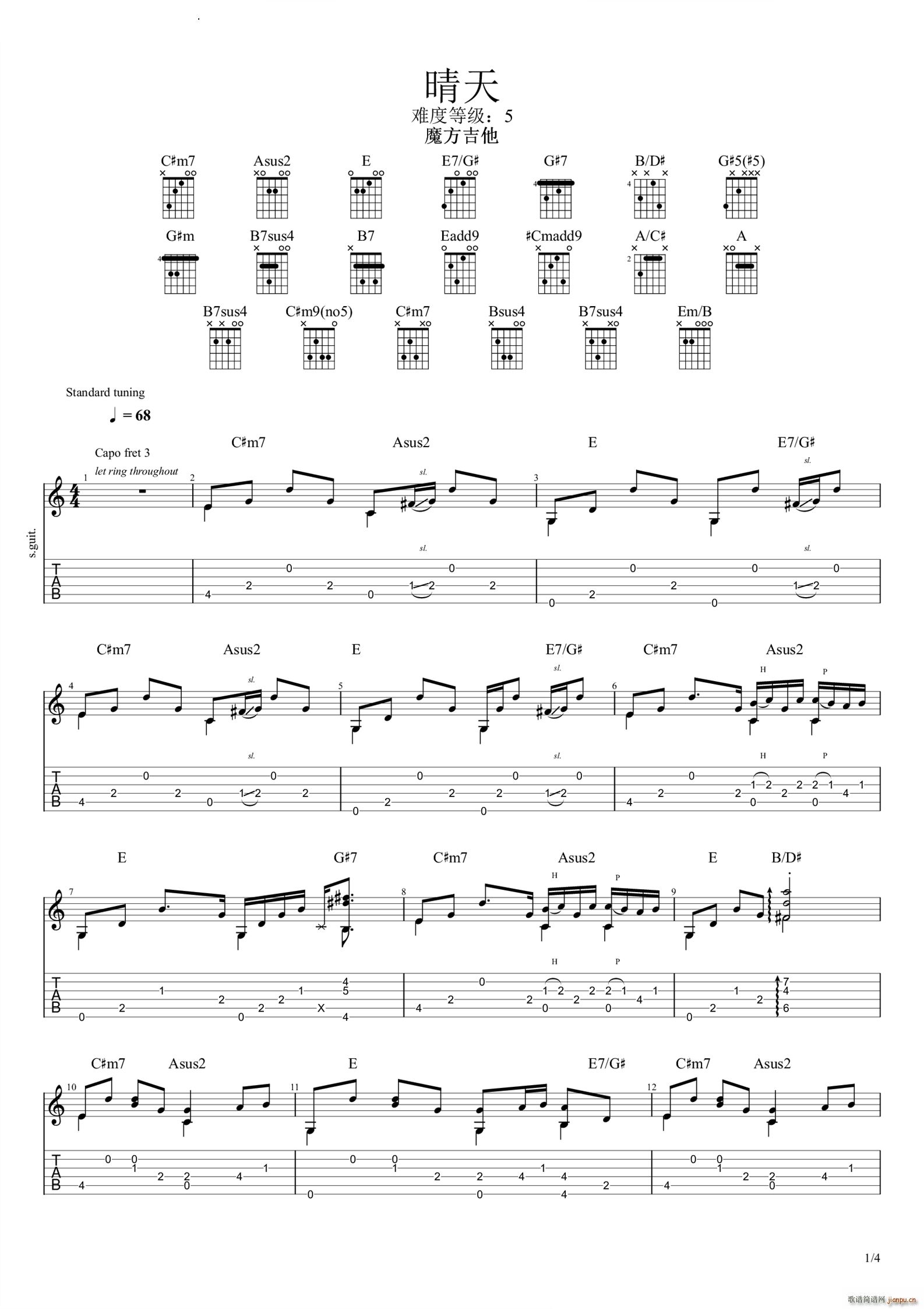 晴天E调版(吉他谱)1