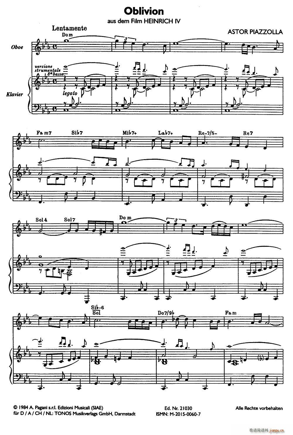 Oblivion 遗忘 双簧管 钢琴伴奏(钢琴谱)1