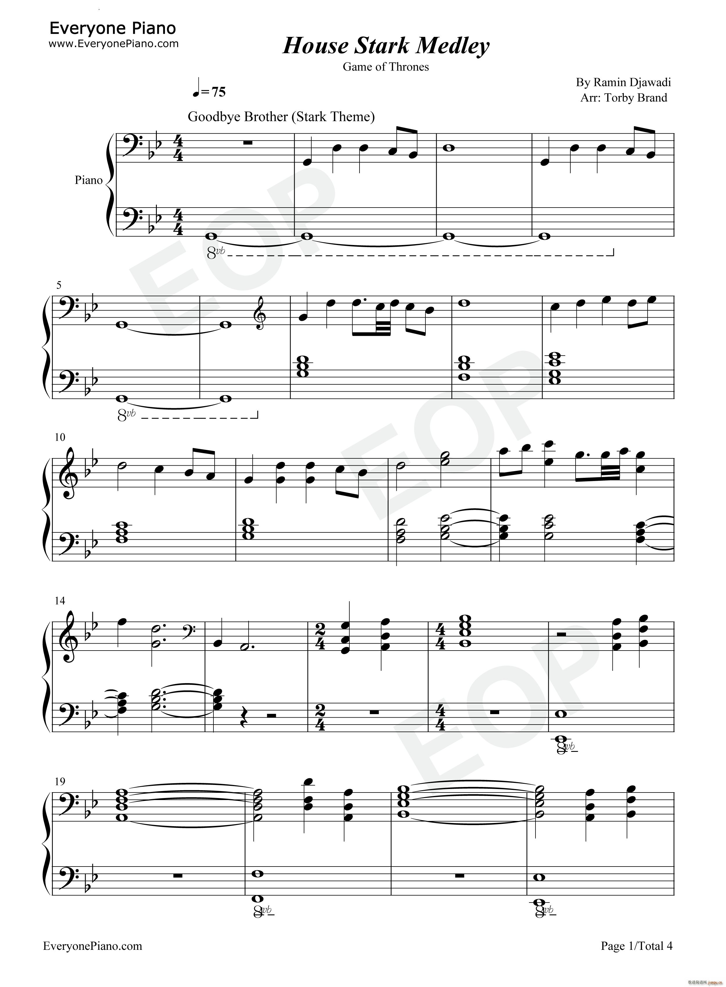 House Stark Medley 权力的游戏(钢琴谱)1