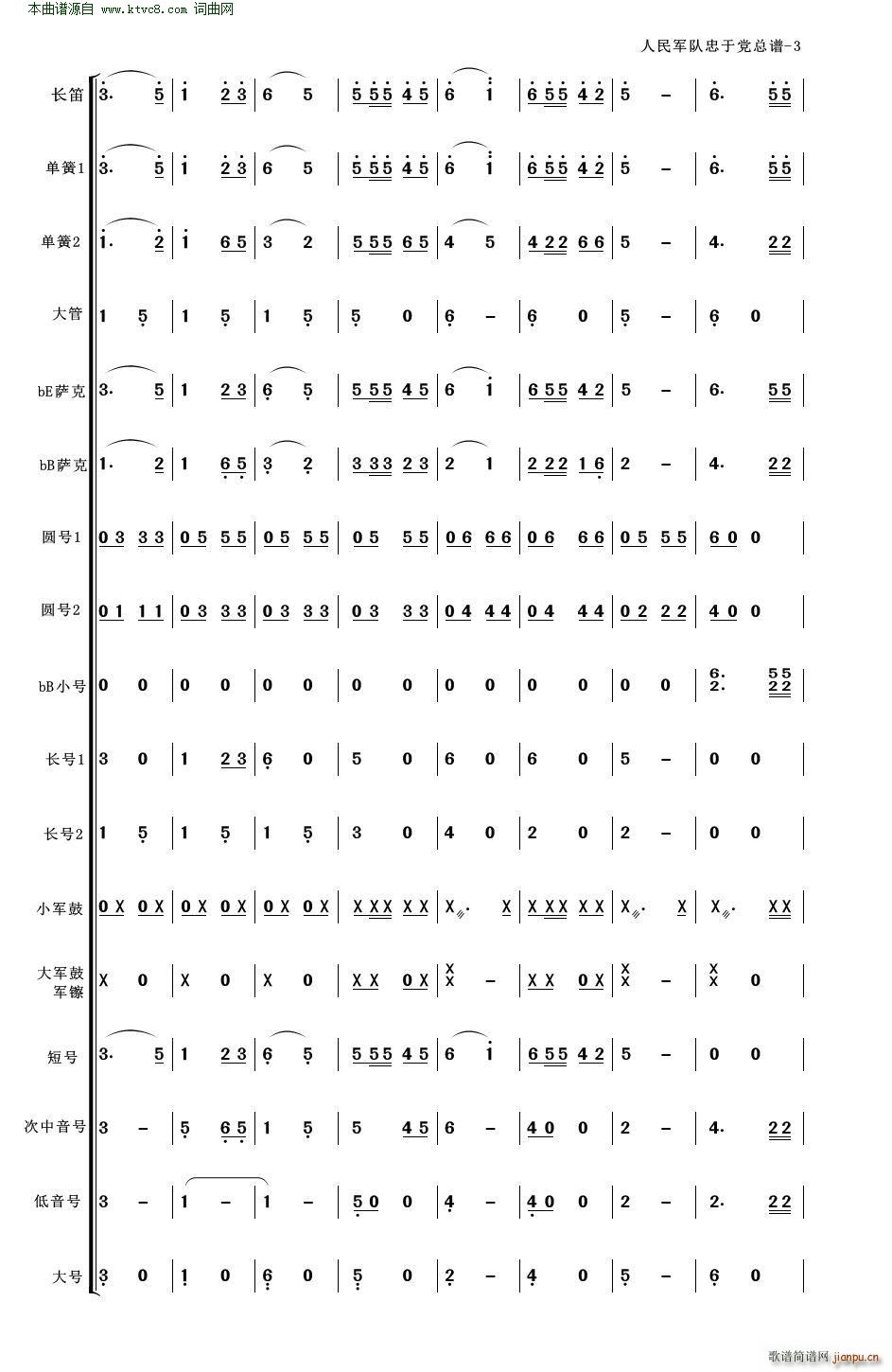人民军队忠于党 人民军队忠于党 管乐合奏 适合业余小型管乐队(总谱)3