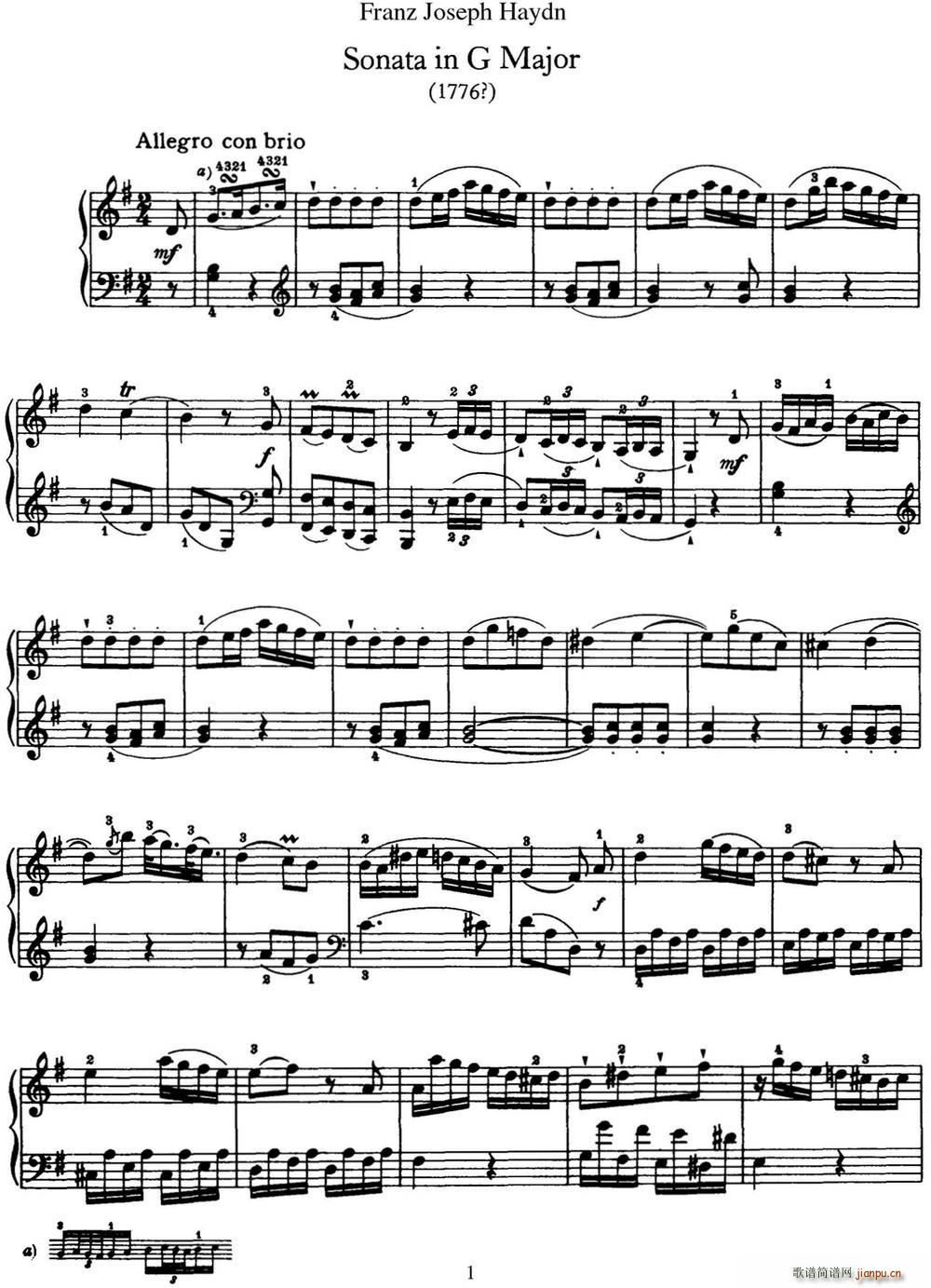 海顿 钢琴奏鸣曲 Hob XVI 27 in G major(钢琴谱)1