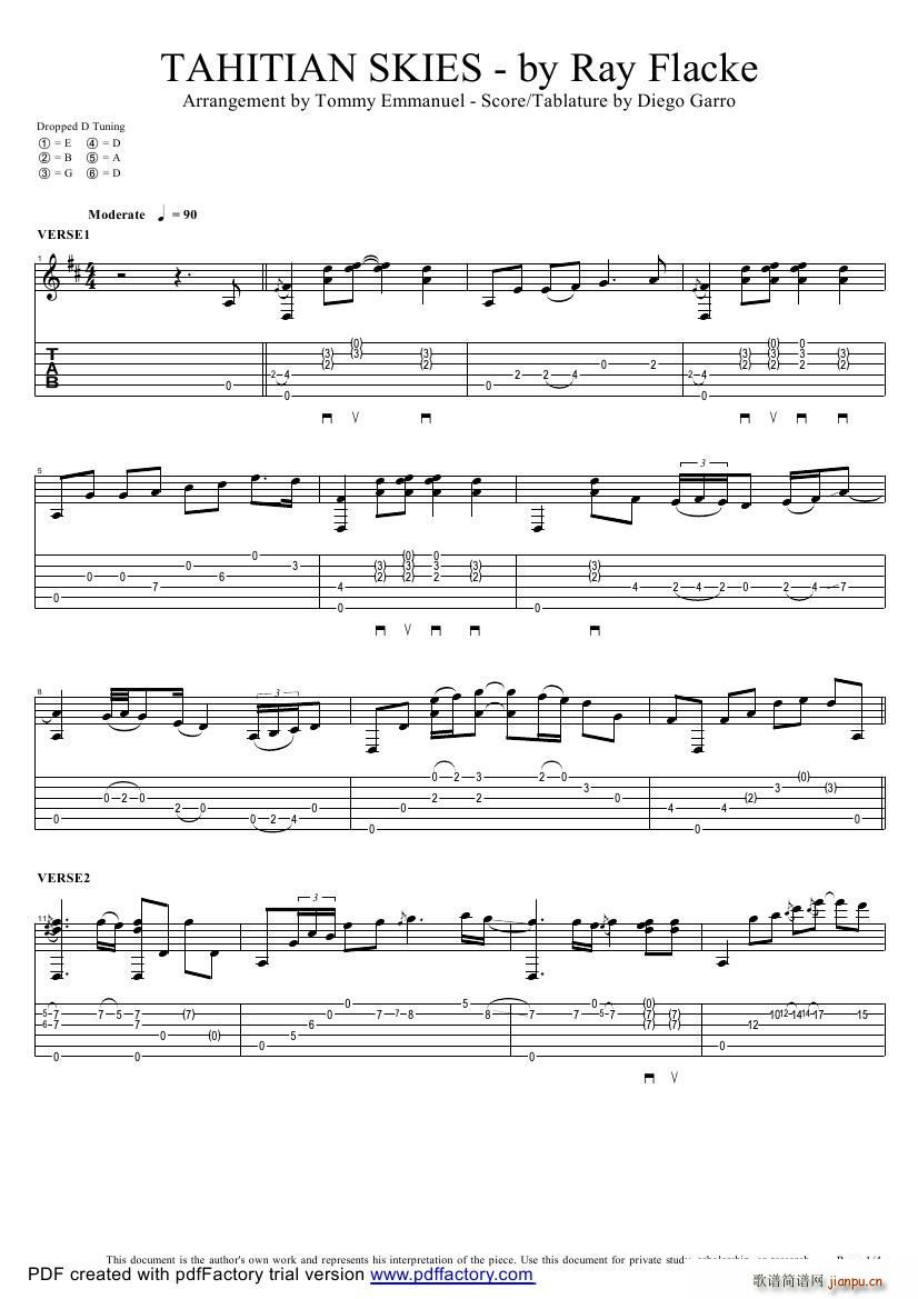 tommy emmanuel tahitian skies with score 指弹吉它(吉他谱)1