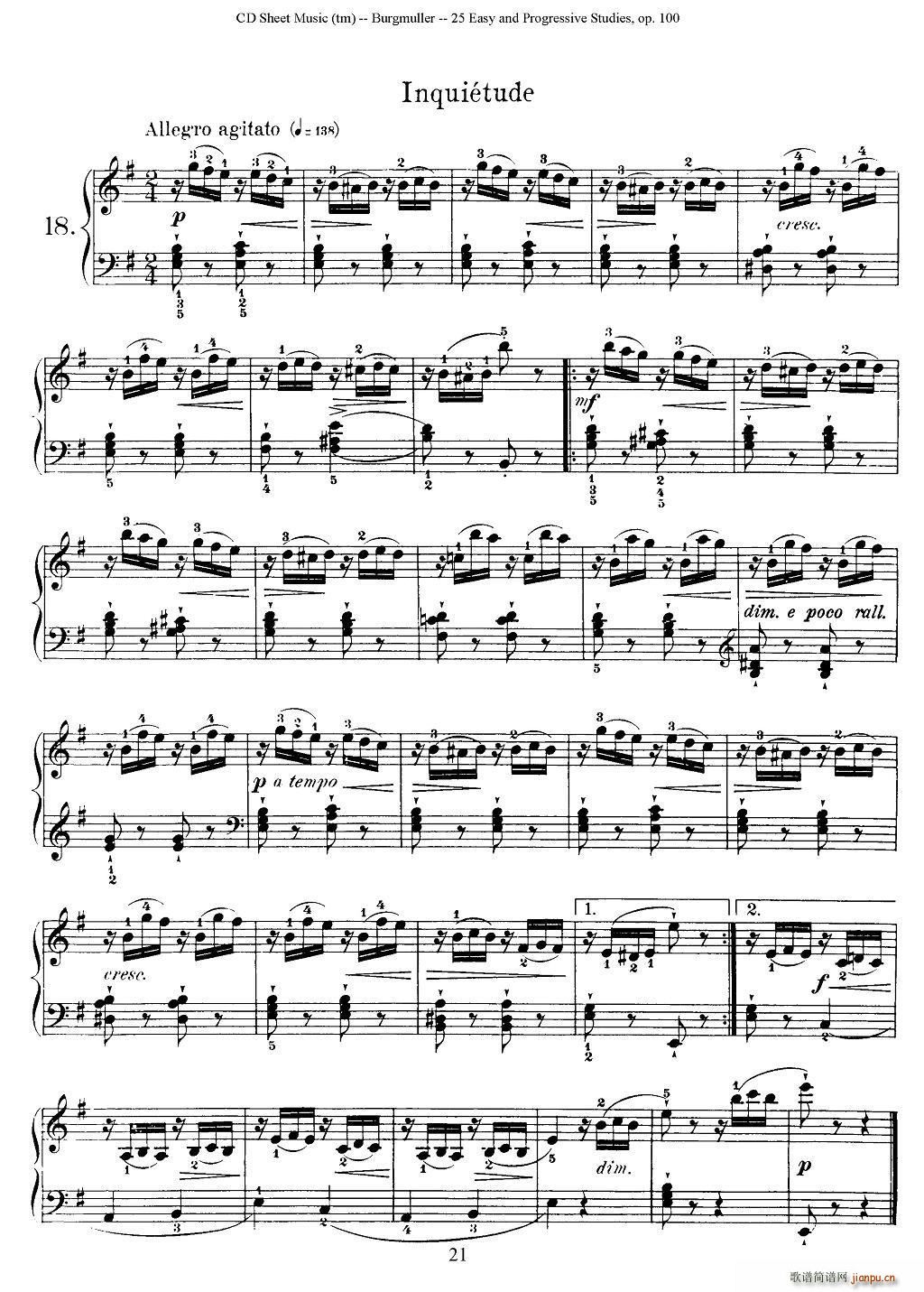 布尔格缪勒 25首钢琴进阶练习曲 Op 100 18 烦恼(钢琴谱)1