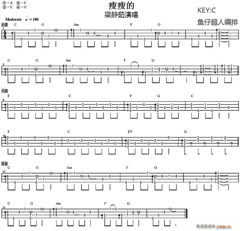 瘦瘦的 尤克里里指弹谱(吉他谱)1