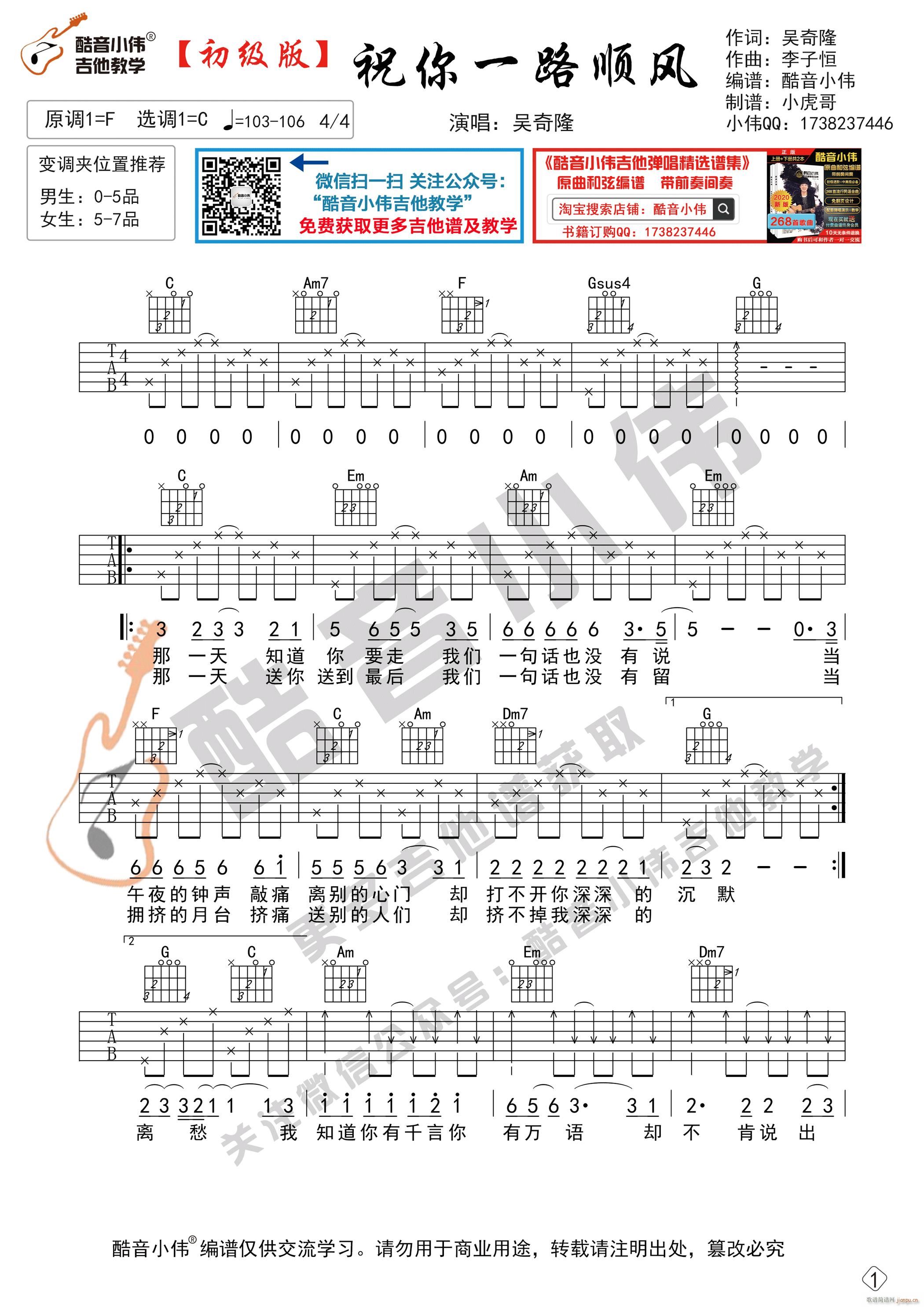 祝你一路顺风 初级简单版 酷音小伟吉他弹唱教学(吉他谱)1
