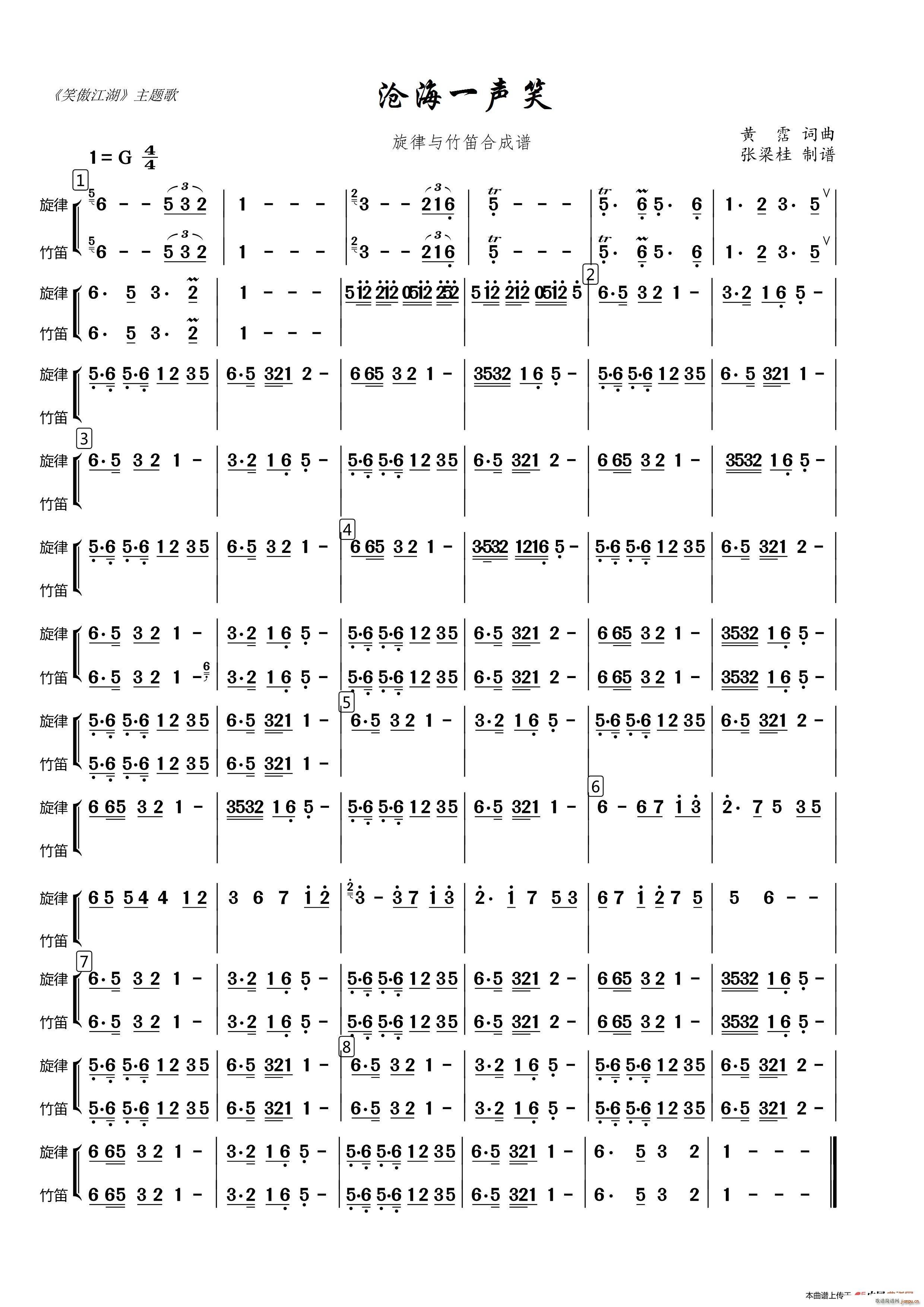 沧海一声笑 旋律与竹笛合成谱(笛箫谱)1