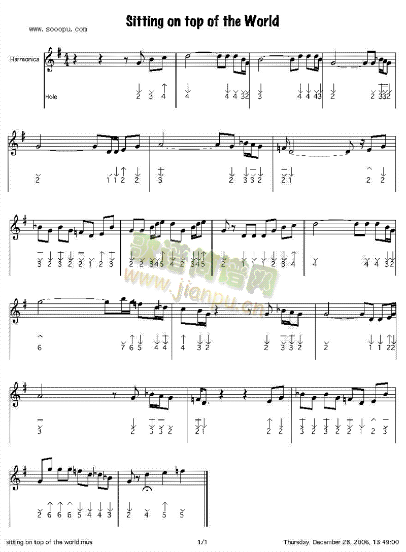 sittingontopoftheworld口琴谱(其他乐谱)1