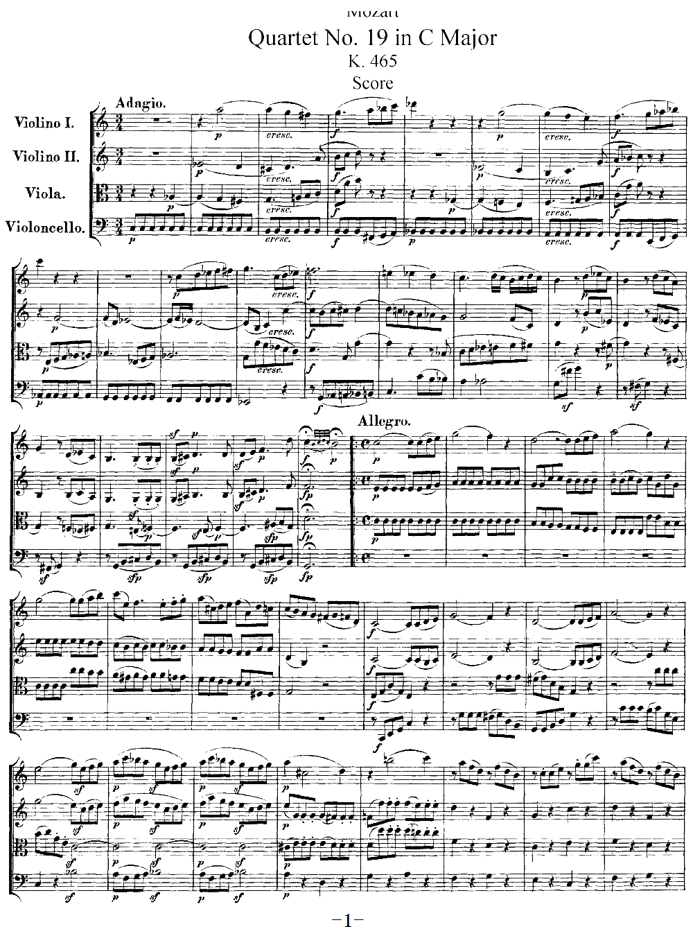 Mozart Quartet No 19 in C Major K 465(总谱)1