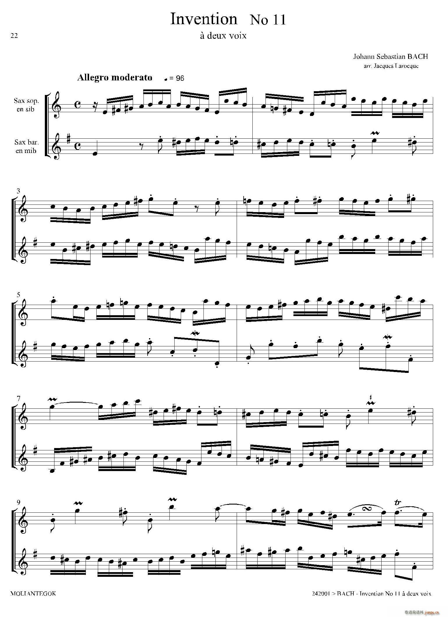 Inventions 巴赫15首创意曲 二重奏 11(总谱)1