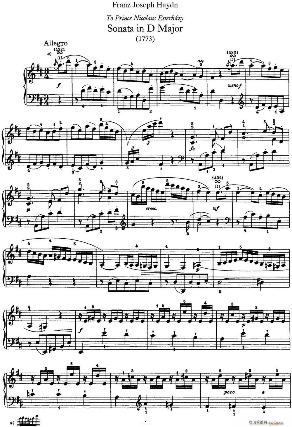 海顿 钢琴奏鸣曲 Hob XVI 24 in D major(钢琴谱)1