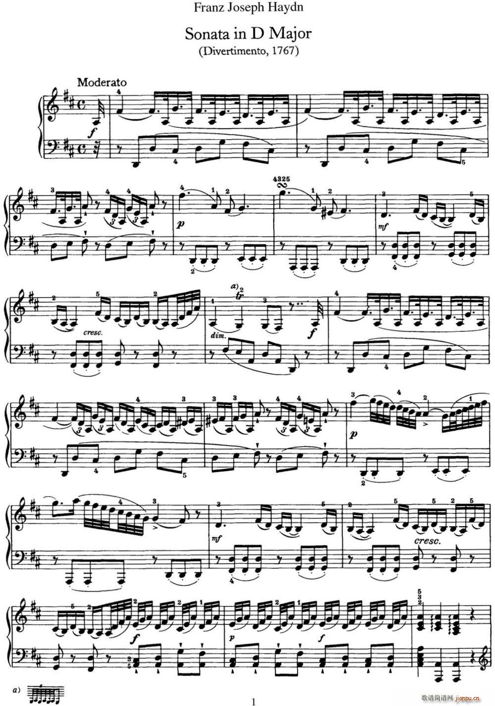 海顿 钢琴奏鸣曲 Hob XVI 19 Divertimento D major(钢琴谱)1