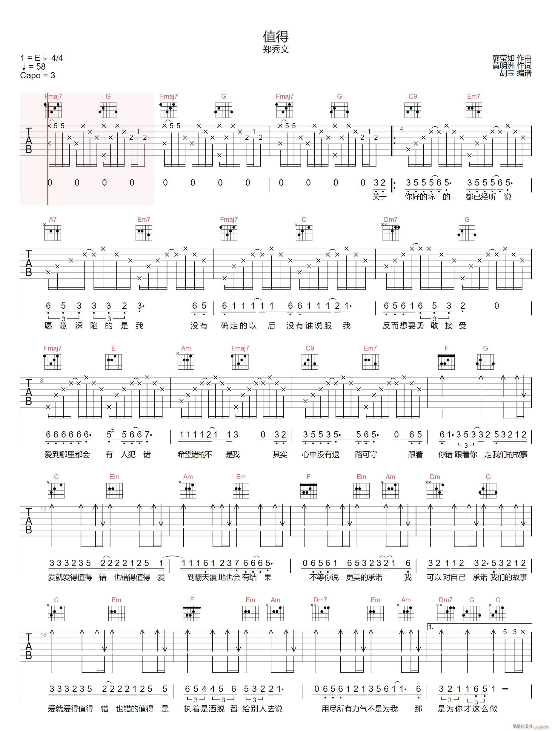 值得 郑秀文 C调指法(吉他谱)1