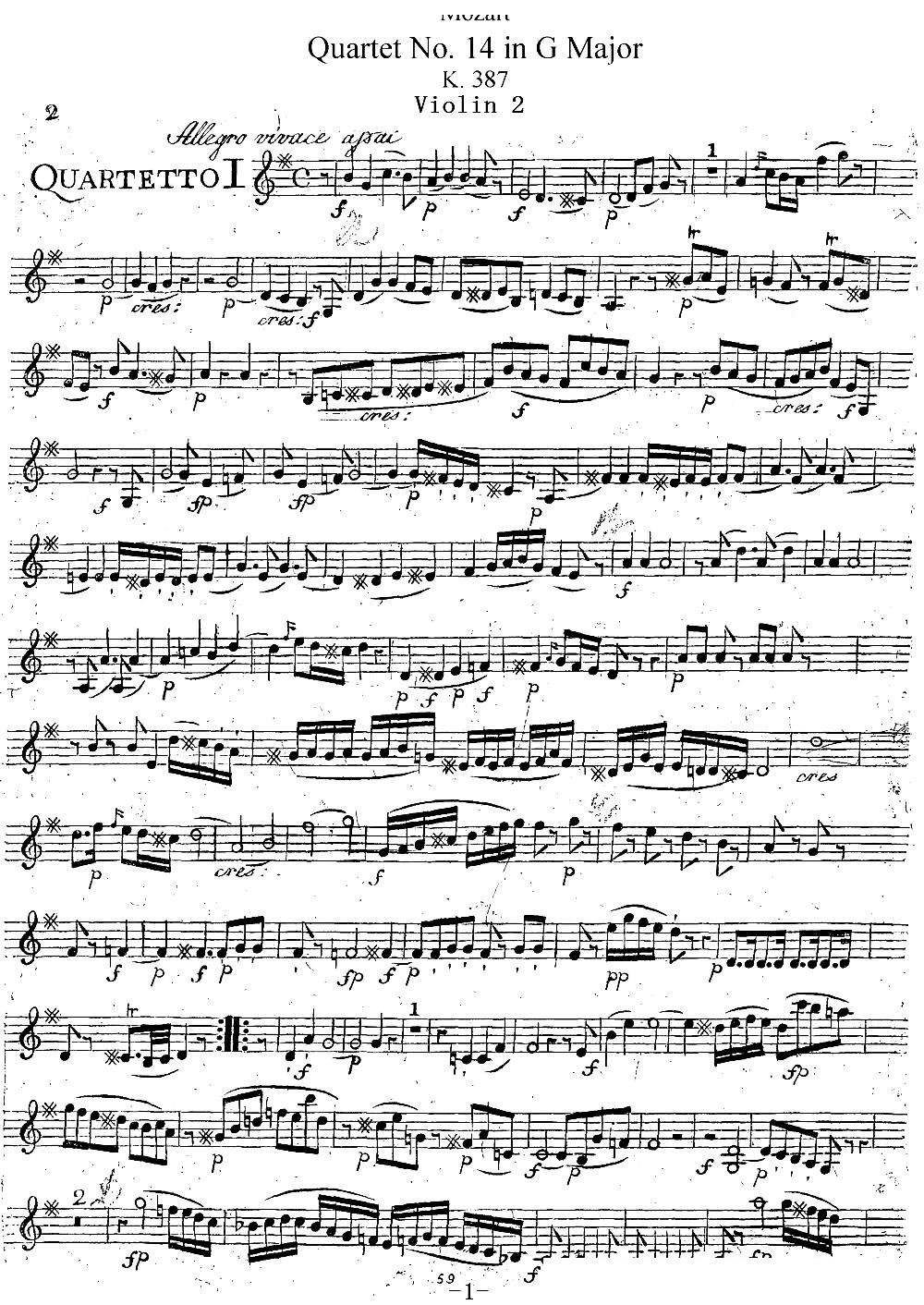 Mozart Quartet No 14 in G Major K 387 Violin 2(十字及以上)1