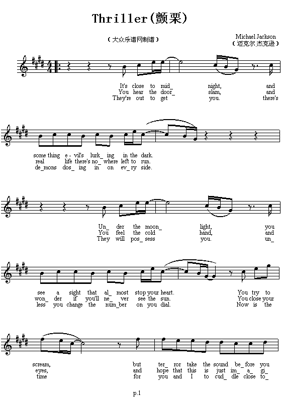 迈克尔.杰克逊的代表作"Thriller"(十字及以上)1