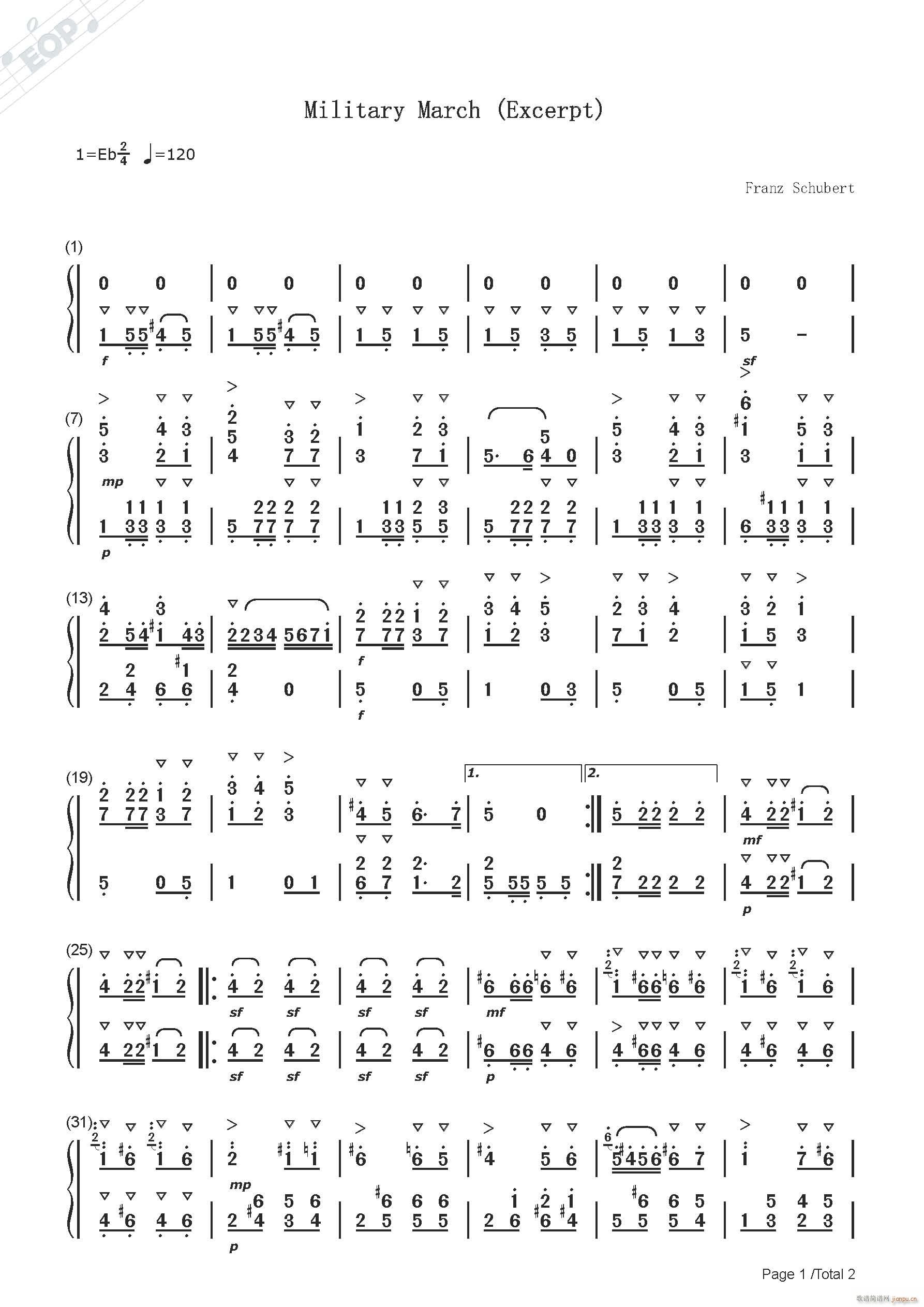 舒伯特 军队进行曲 钢琴 节选(钢琴谱)1