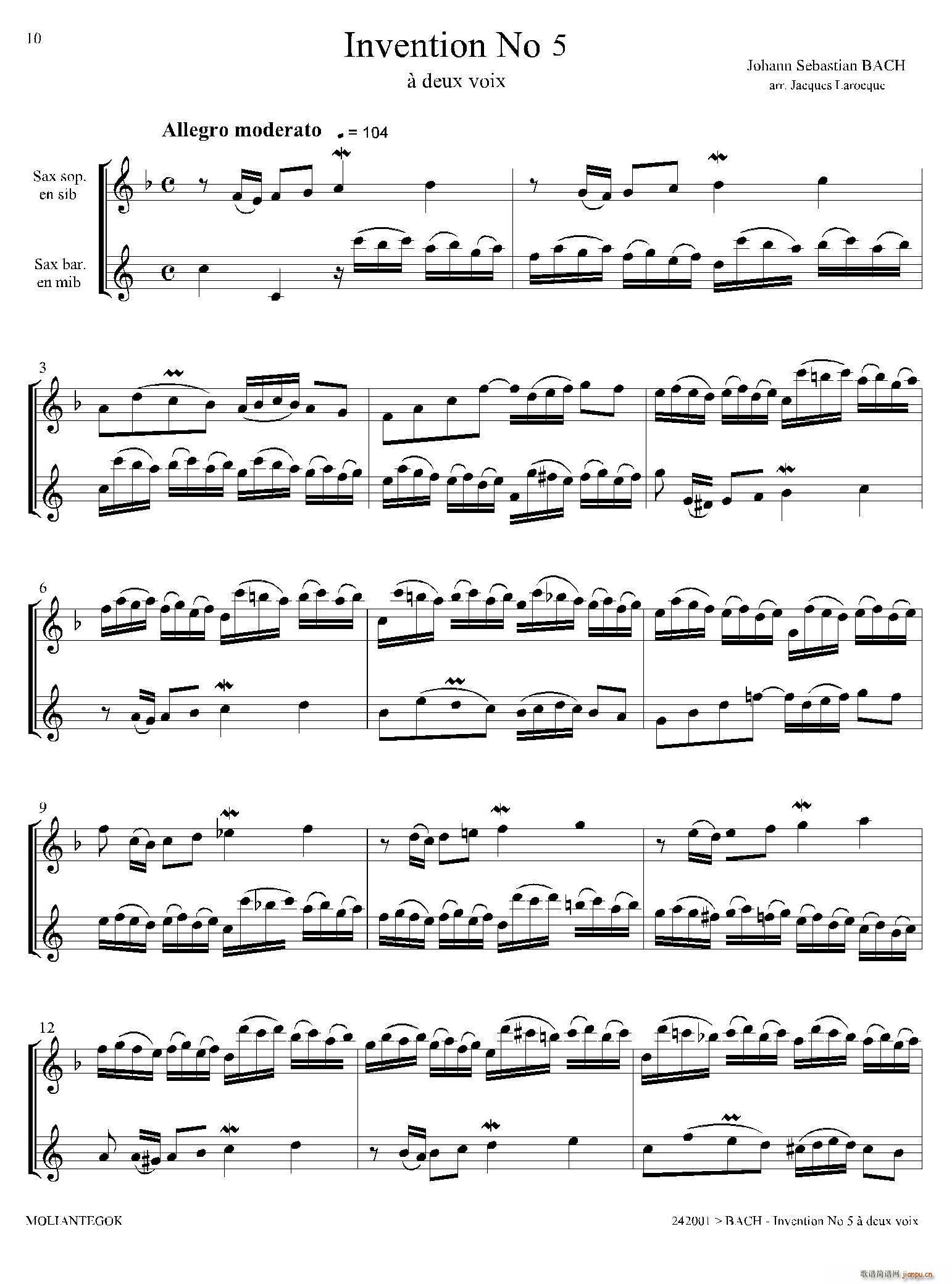 Inventions 巴赫15首创意曲 二重奏 5(总谱)1