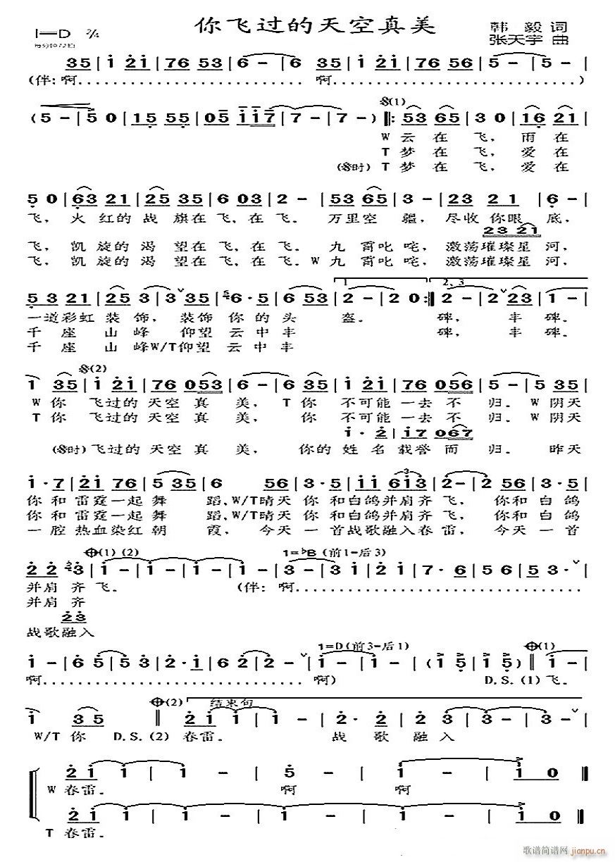 你飞过的天空真美(八字歌谱)1