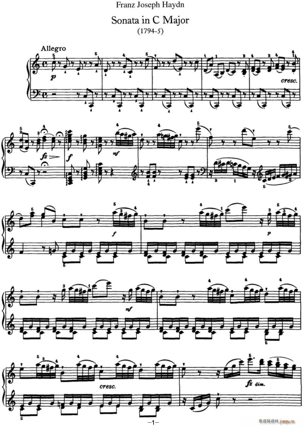 海顿 钢琴奏鸣曲 Hob XVI 50 in C major(钢琴谱)1