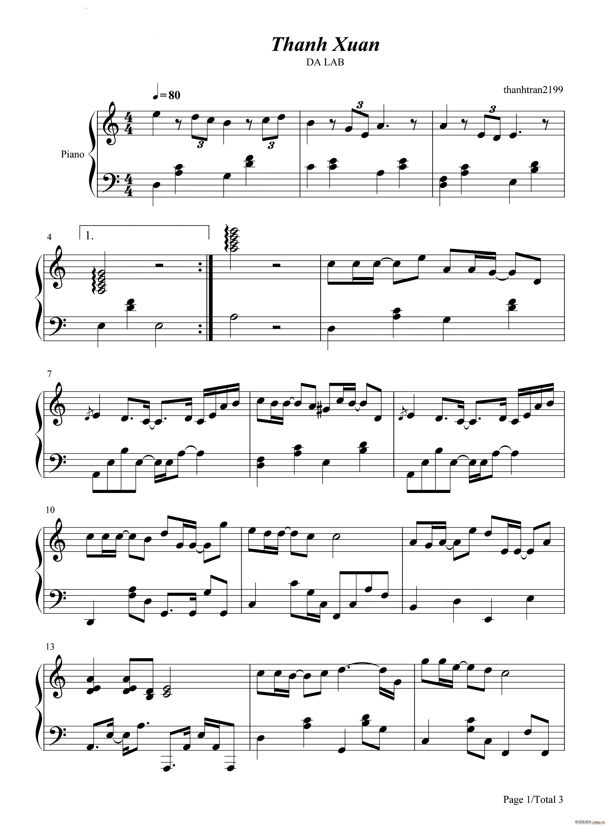 Thanh Xuan 青春(钢琴谱)1
