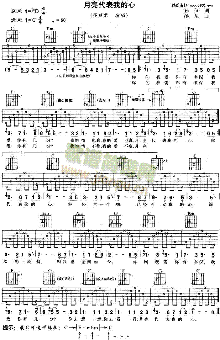 月亮代表我的心(吉他谱)1