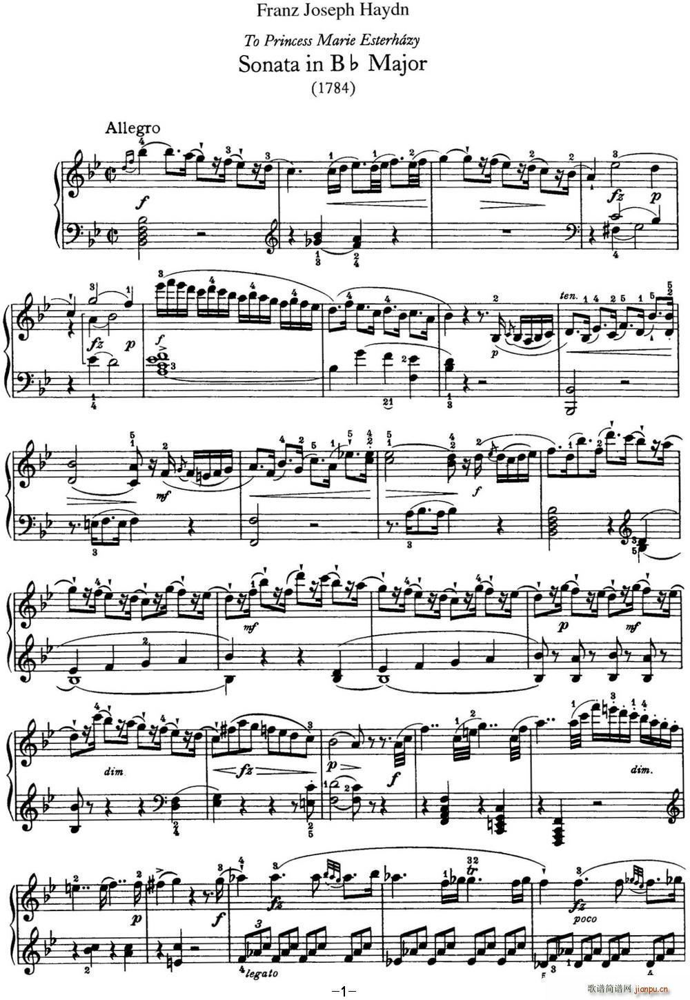 海顿 钢琴奏鸣曲 Hob XVI 41 in B flat major(钢琴谱)1