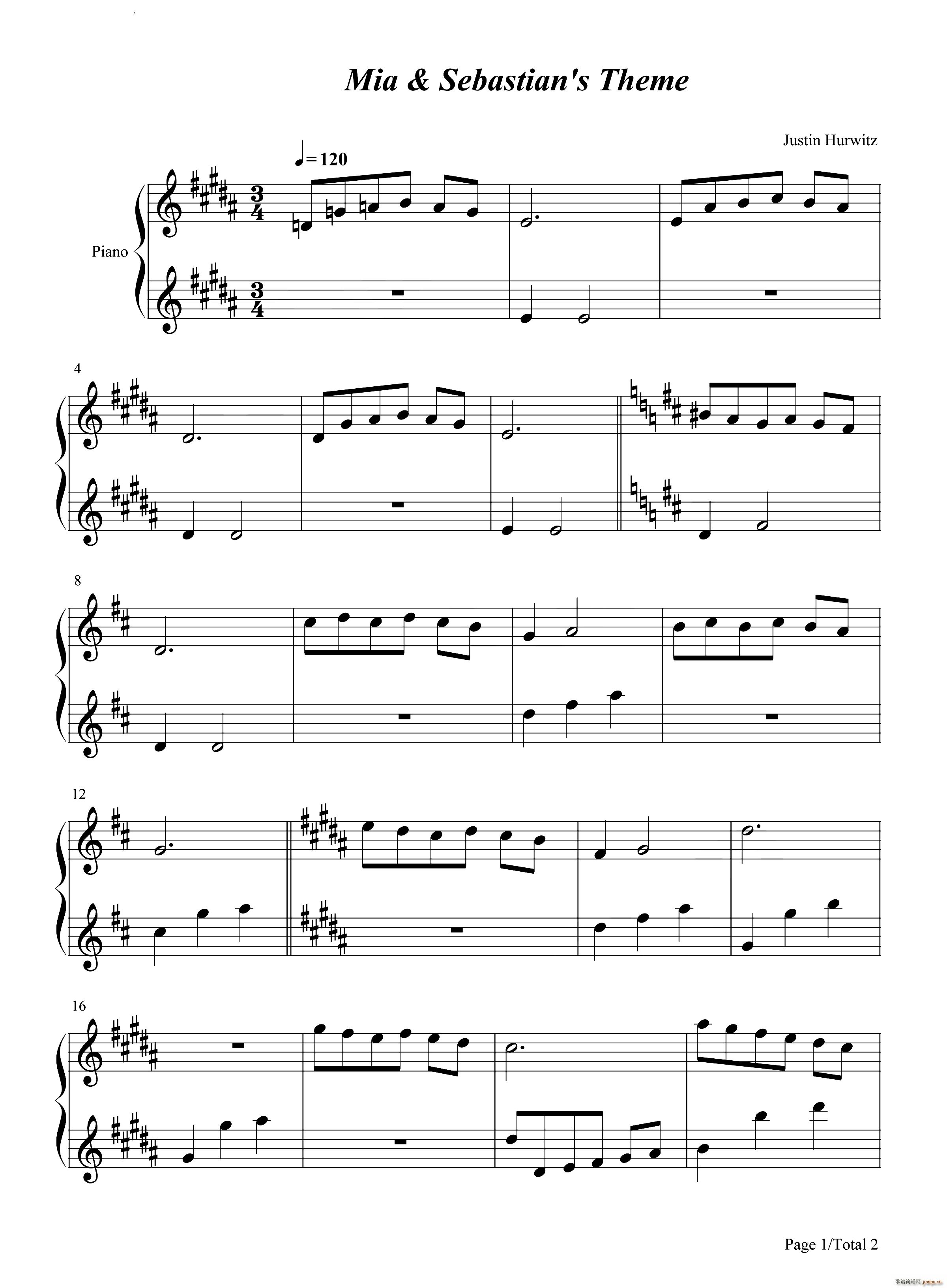 Mia and Sebastians Theme 米娅与塞巴斯蒂安的主题曲爱乐之城OST(钢琴谱)1