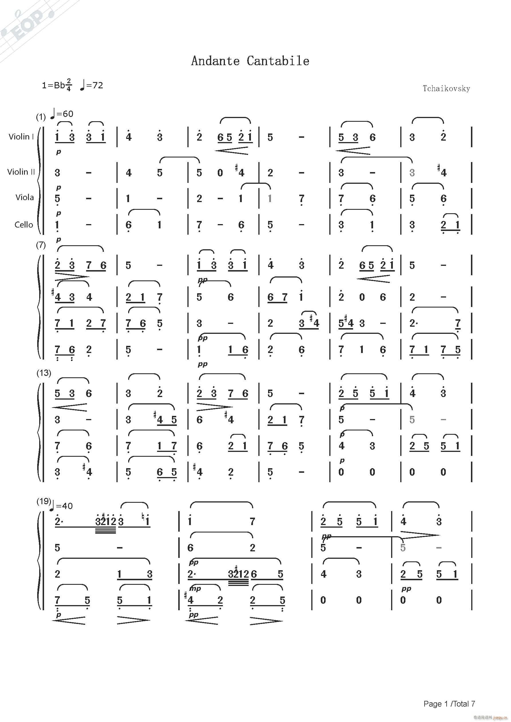 柴可夫斯基 如歌的行板 弦乐四重奏(总谱)1