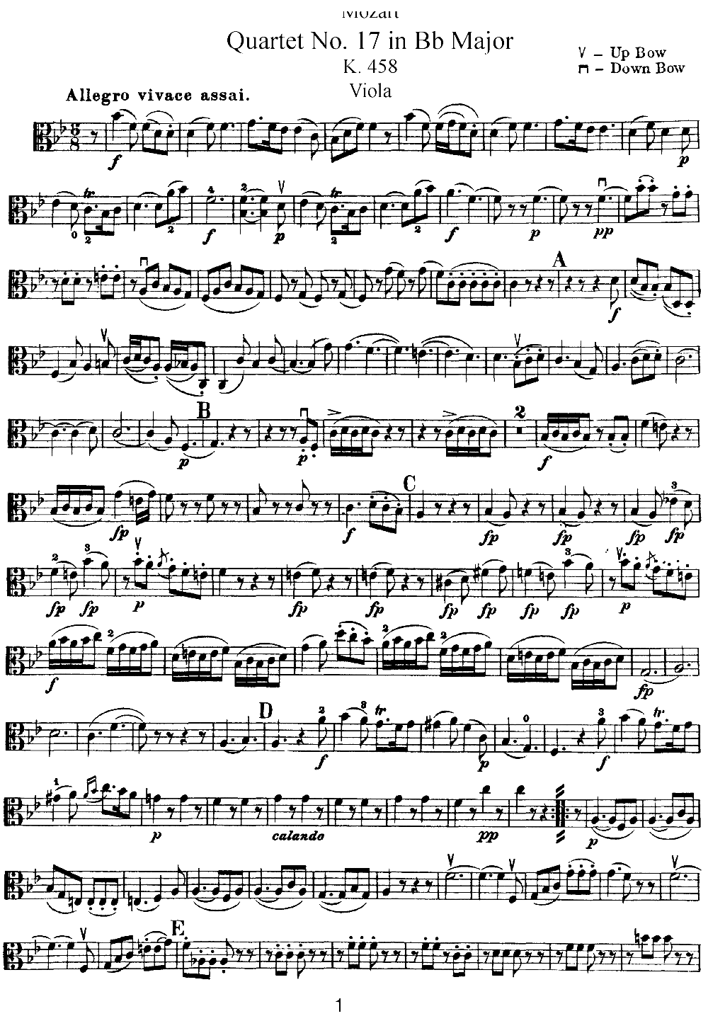Mozart Quartet No 17 in Bb Major K 458 Viola(十字及以上)1