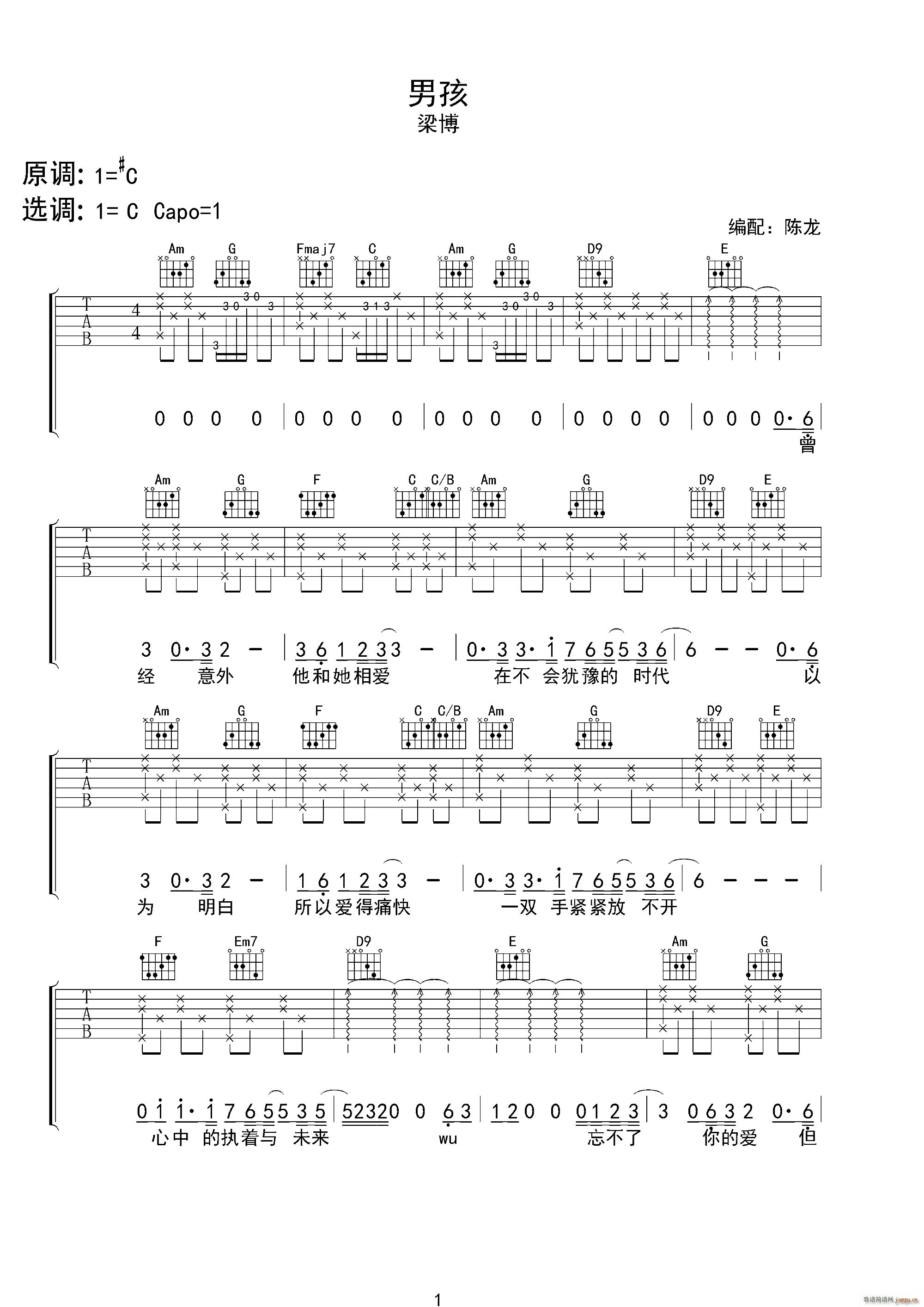 男孩 陈龙编配版(八字歌谱)1